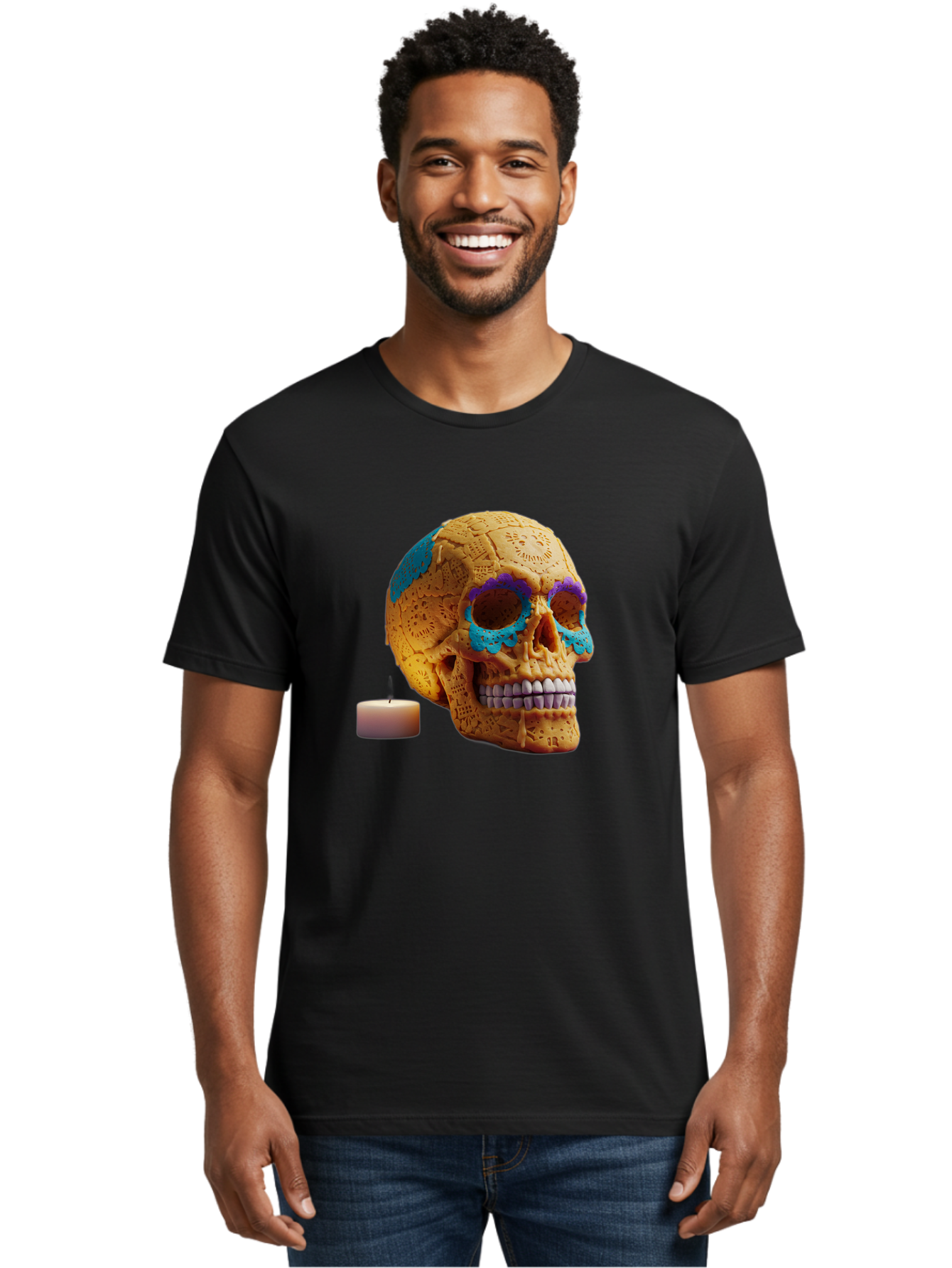 Sugar-Skull-8 Men'S Graphic Tee, 100% Cotton, Comfortable Casual Summer Wear, Machine Washable, Sugar Skull, Day Of The Dead Celebration, Vibrant Decorations, Intricate Designs, Decorative Skull, Traditional Mexican Art, Festive Atmosphere, Bad780