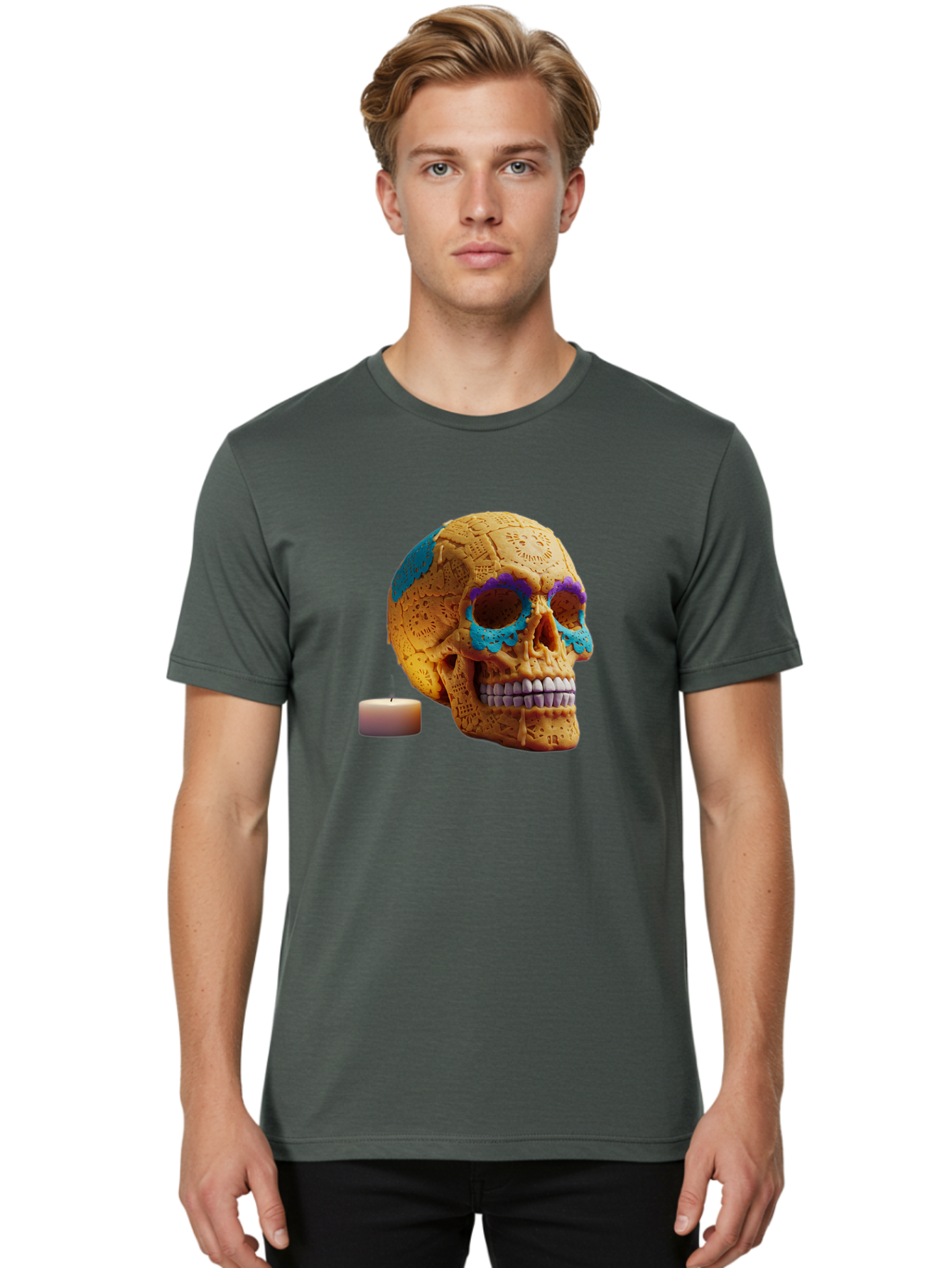 Sugar-Skull-8 Men'S Graphic Tee, 100% Cotton, Comfortable Casual Summer Wear, Machine Washable, Sugar Skull, Day Of The Dead Celebration, Vibrant Decorations, Intricate Designs, Decorative Skull, Traditional Mexican Art, Festive Atmosphere, Bad780