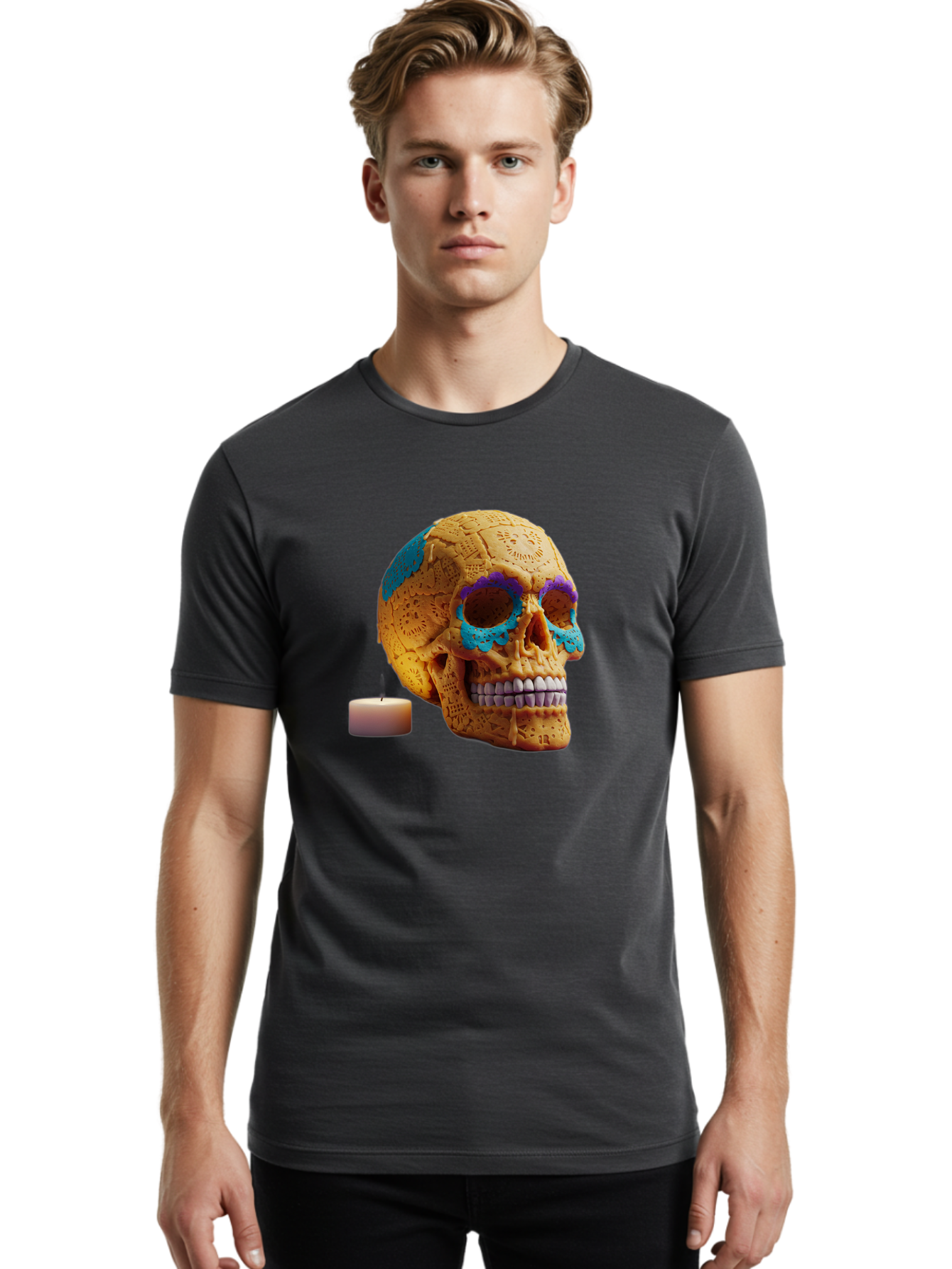 Sugar-Skull-8 Men'S Graphic Tee, 100% Cotton, Comfortable Casual Summer Wear, Machine Washable, Sugar Skull, Day Of The Dead Celebration, Vibrant Decorations, Intricate Designs, Decorative Skull, Traditional Mexican Art, Festive Atmosphere, Bad780