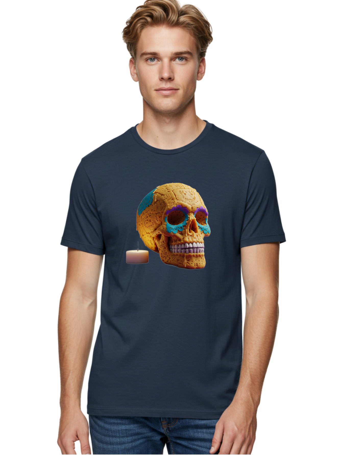 Sugar-Skull-8 Men'S Graphic Tee, 100% Cotton, Comfortable Casual Summer Wear, Machine Washable, Sugar Skull, Day Of The Dead Celebration, Vibrant Decorations, Intricate Designs, Decorative Skull, Traditional Mexican Art, Festive Atmosphere, Bad780