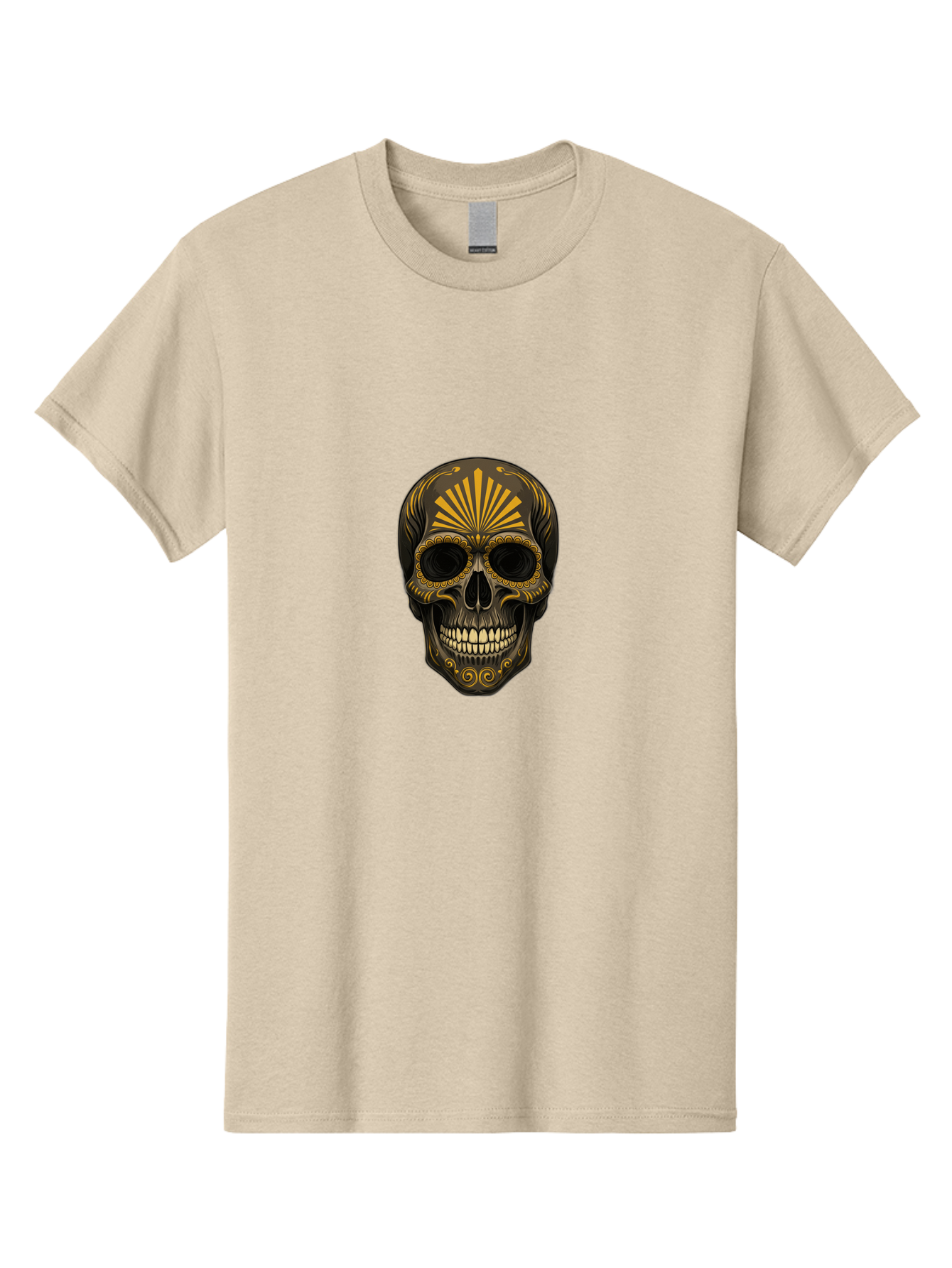 Sugar-Skull-9 Men'S Graphic Tee, 100% Cotton, Comfortable Casual Summer Wear, Machine Washable, Sugar Skull, Ornate Design, Golden Accents, Day Of The Dead, Mexican Culture, Vibrant Patterns, Decorative Art, Symbolic Imagery, Intricate Details Bad781