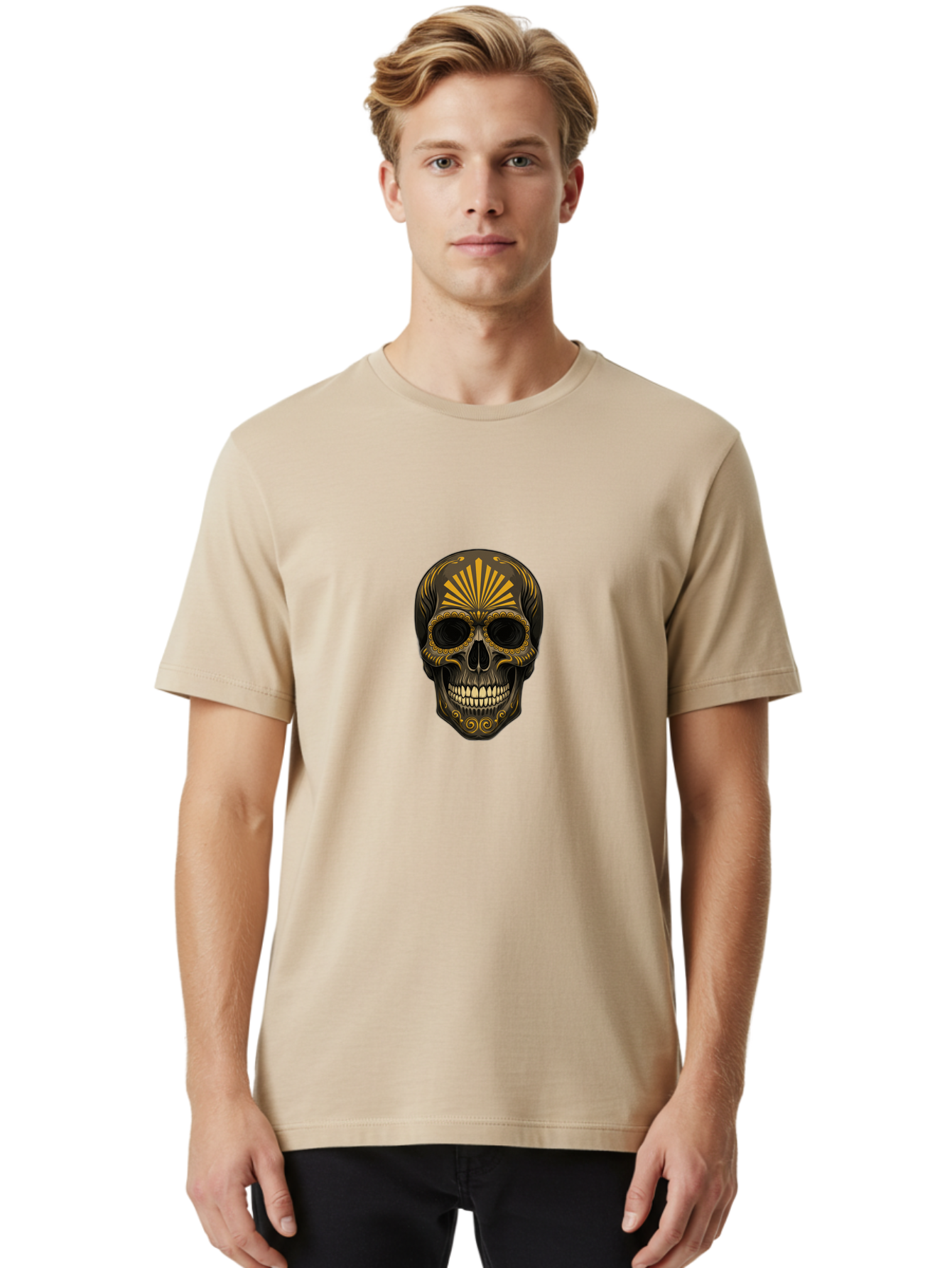 Sugar-Skull-9 Men'S Graphic Tee, 100% Cotton, Comfortable Casual Summer Wear, Machine Washable, Sugar Skull, Ornate Design, Golden Accents, Day Of The Dead, Mexican Culture, Vibrant Patterns, Decorative Art, Symbolic Imagery, Intricate Details Bad781