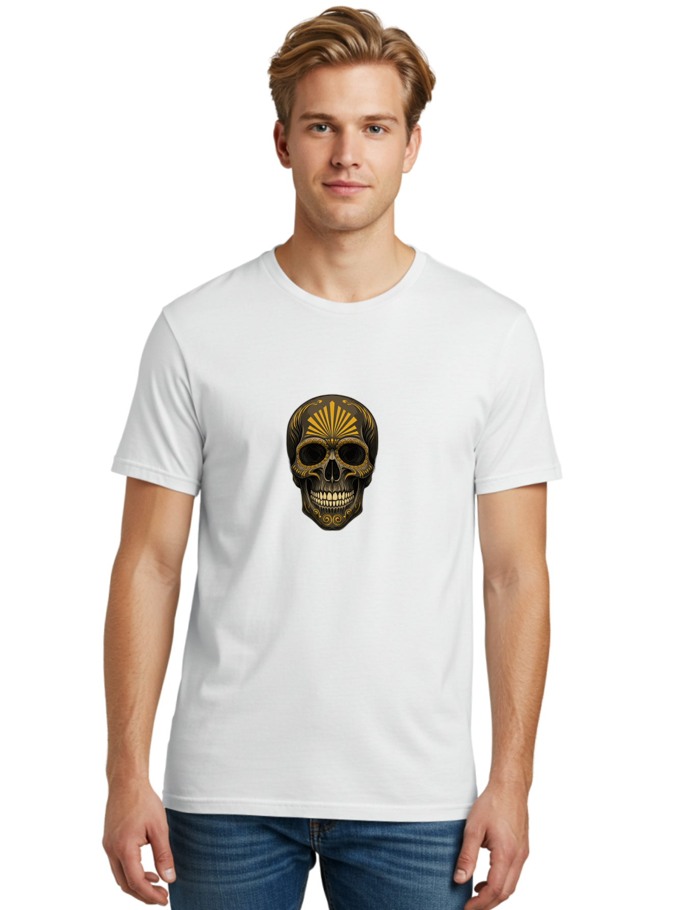 Sugar-Skull-9 Men'S Graphic Tee, 100% Cotton, Comfortable Casual Summer Wear, Machine Washable, Sugar Skull, Ornate Design, Golden Accents, Day Of The Dead, Mexican Culture, Vibrant Patterns, Decorative Art, Symbolic Imagery, Intricate Details Bad781
