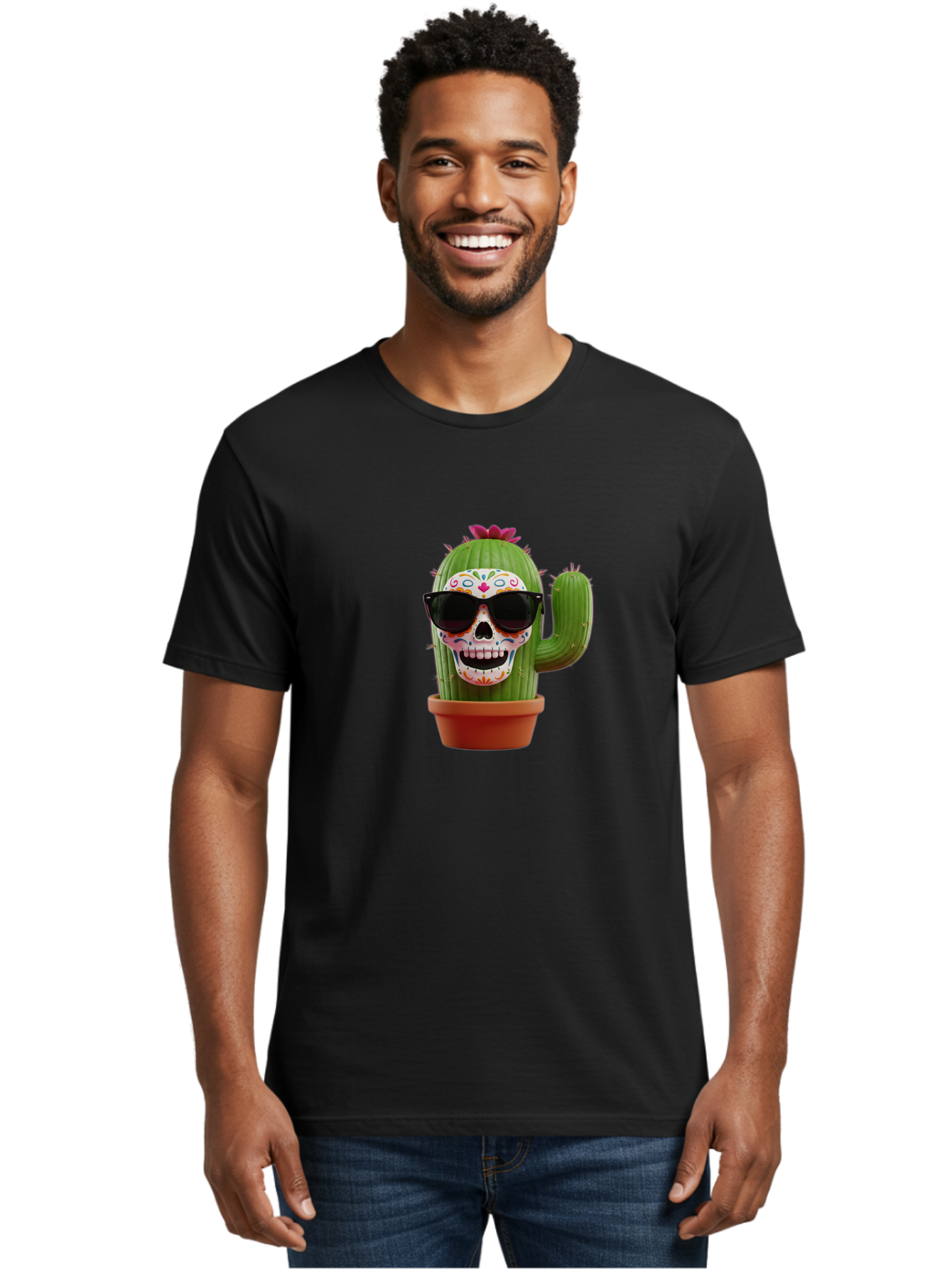 Sugar-Skull-Cactus Men'S Graphic Tee, 100% Cotton, Comfortable Casual Summer Wear, Machine Washable, Sugar Skull Cactus, Day Of The Dead, Colorful Design, Sunglasses, Prickly Pear, Potted Plant, Vibrant Colors, Festive Spirit Bad782