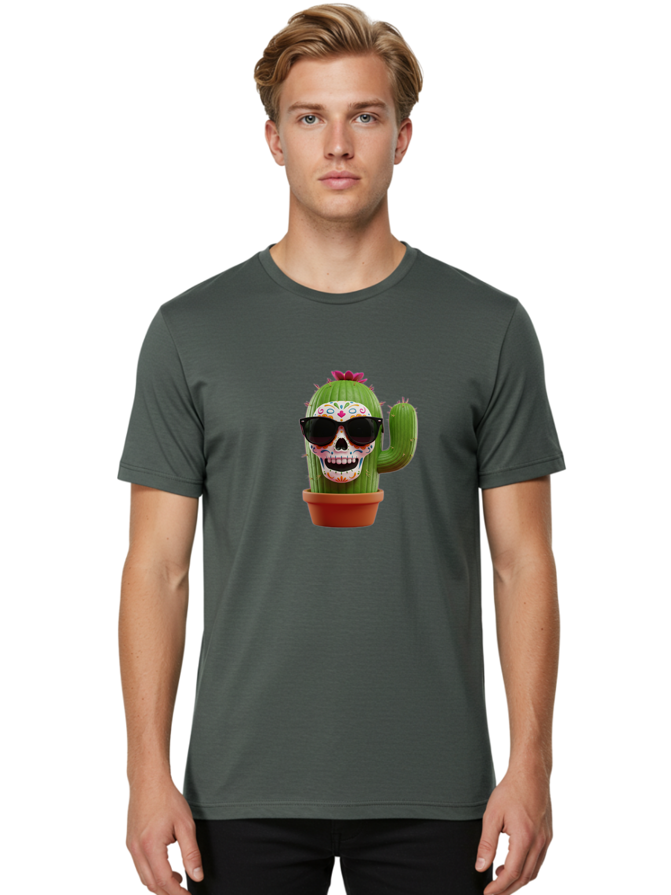 Sugar-Skull-Cactus Men'S Graphic Tee, 100% Cotton, Comfortable Casual Summer Wear, Machine Washable, Sugar Skull Cactus, Day Of The Dead, Colorful Design, Sunglasses, Prickly Pear, Potted Plant, Vibrant Colors, Festive Spirit Bad782