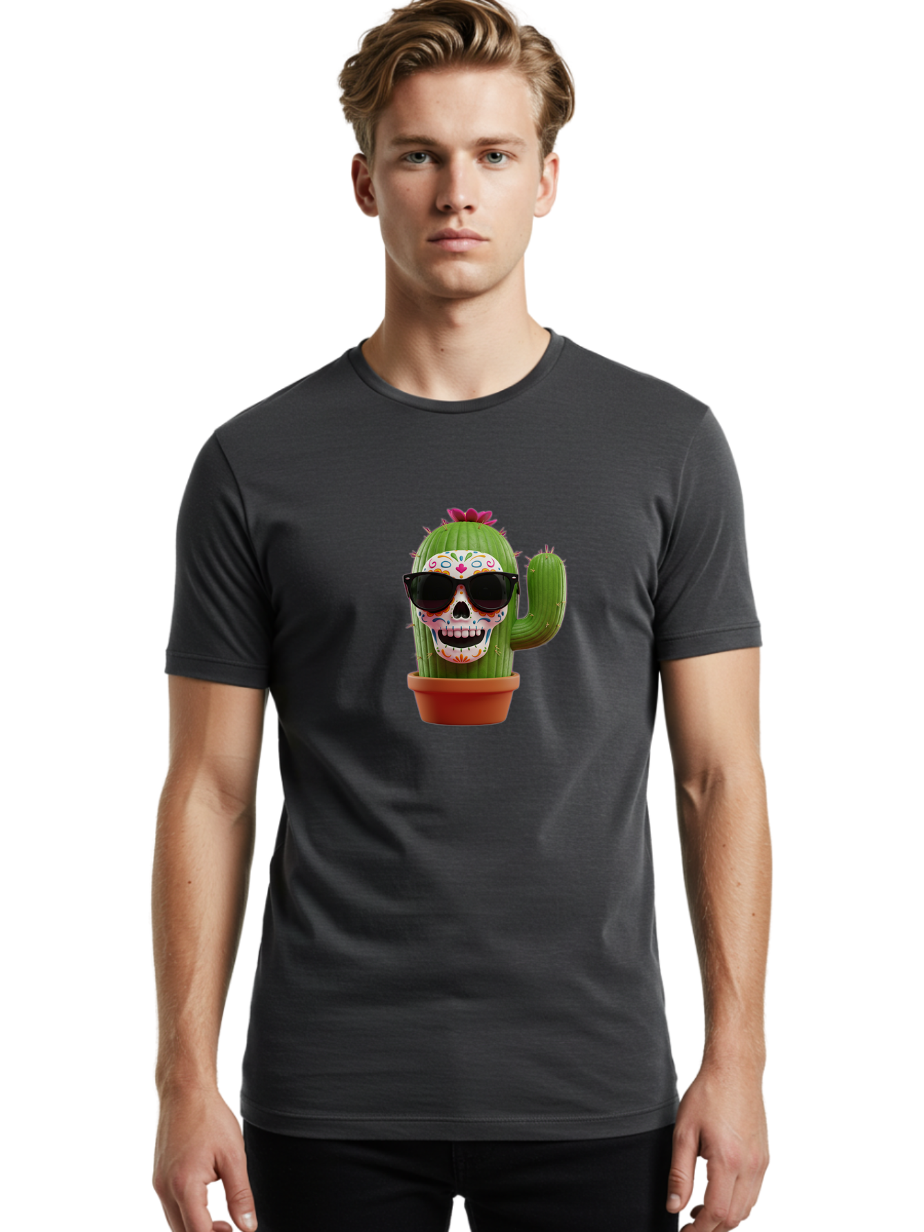Sugar-Skull-Cactus Men'S Graphic Tee, 100% Cotton, Comfortable Casual Summer Wear, Machine Washable, Sugar Skull Cactus, Day Of The Dead, Colorful Design, Sunglasses, Prickly Pear, Potted Plant, Vibrant Colors, Festive Spirit Bad782