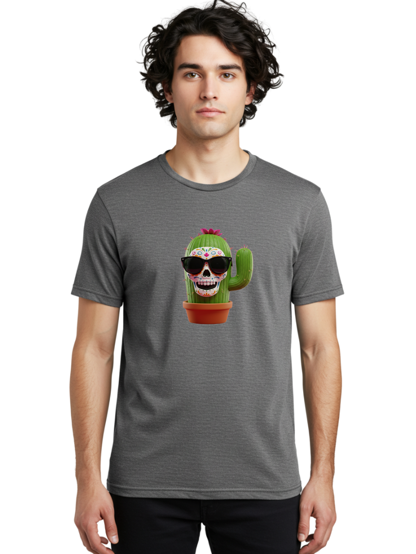 Sugar-Skull-Cactus Men'S Graphic Tee, 100% Cotton, Comfortable Casual Summer Wear, Machine Washable, Sugar Skull Cactus, Day Of The Dead, Colorful Design, Sunglasses, Prickly Pear, Potted Plant, Vibrant Colors, Festive Spirit Bad782