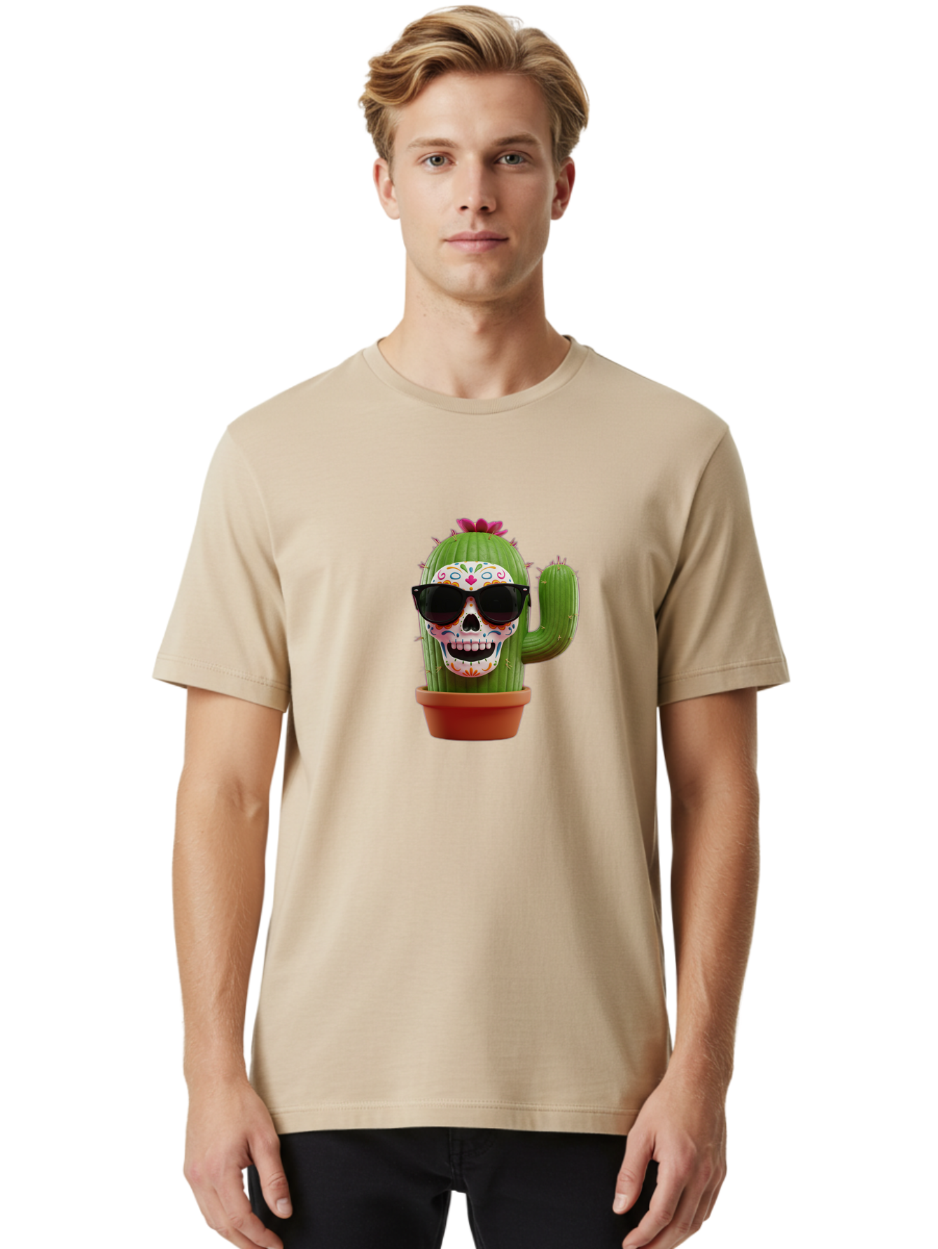 Sugar-Skull-Cactus Men'S Graphic Tee, 100% Cotton, Comfortable Casual Summer Wear, Machine Washable, Sugar Skull Cactus, Day Of The Dead, Colorful Design, Sunglasses, Prickly Pear, Potted Plant, Vibrant Colors, Festive Spirit Bad782