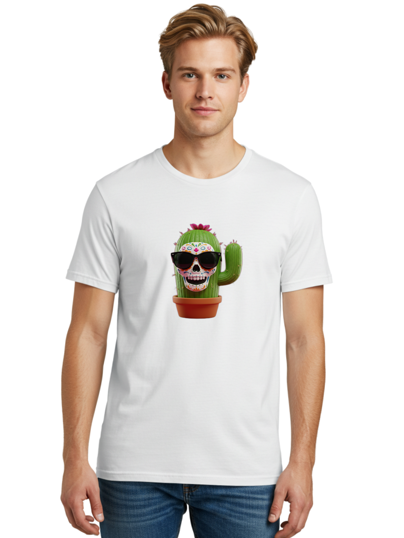 Sugar-Skull-Cactus Men'S Graphic Tee, 100% Cotton, Comfortable Casual Summer Wear, Machine Washable, Sugar Skull Cactus, Day Of The Dead, Colorful Design, Sunglasses, Prickly Pear, Potted Plant, Vibrant Colors, Festive Spirit Bad782