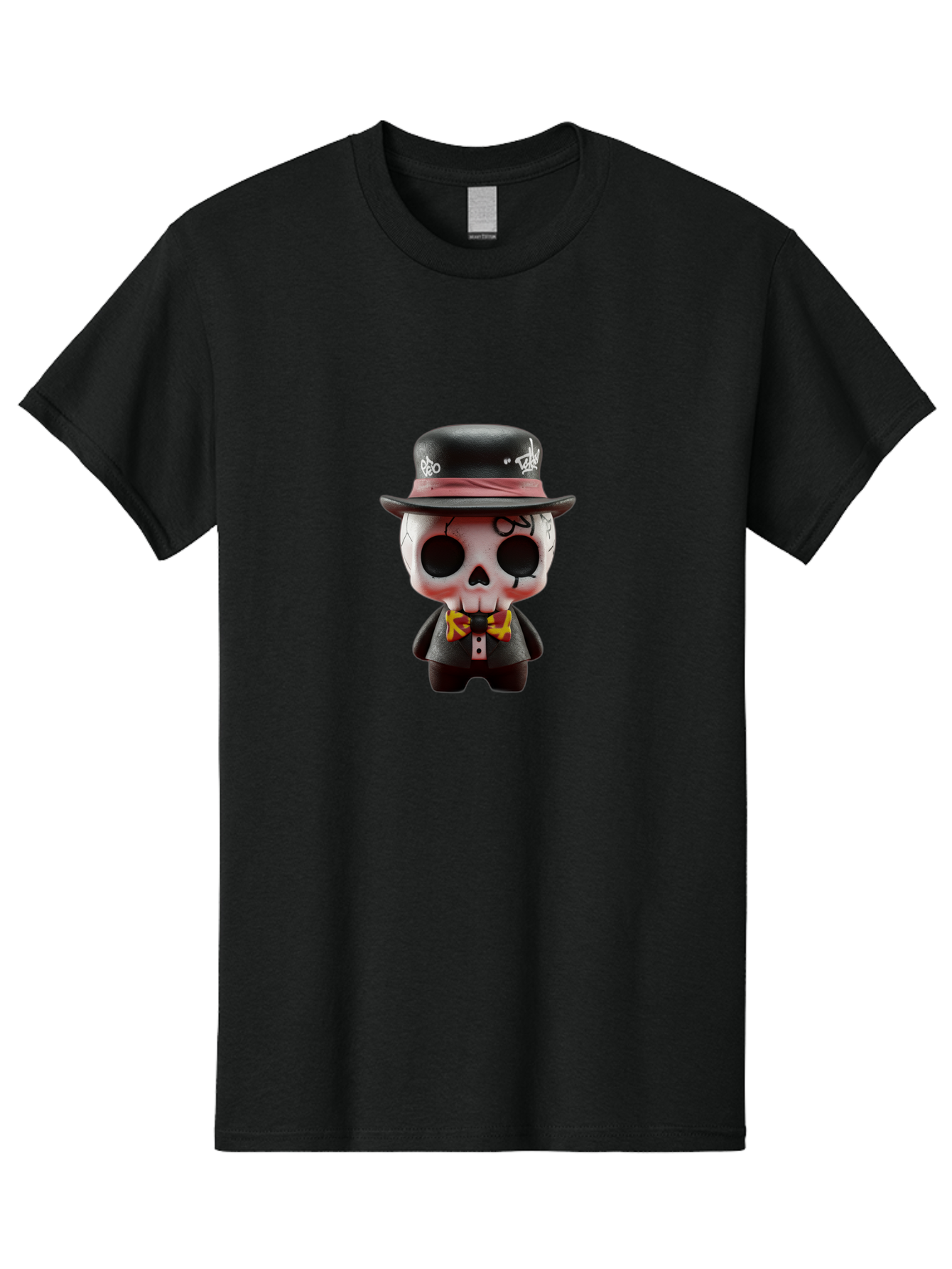 Sugar-Skull-Figurine Men'S Graphic Tee, 100% Cotton, Comfortable Casual Summer Wear, Machine Washable, Skull Figurine, Vintage Hat, Black Suit, Yellow Bow Tie, Red Flames, Day Of The Dead, Gothic Style, Unique Collectible, Creepy Character, Bad783
