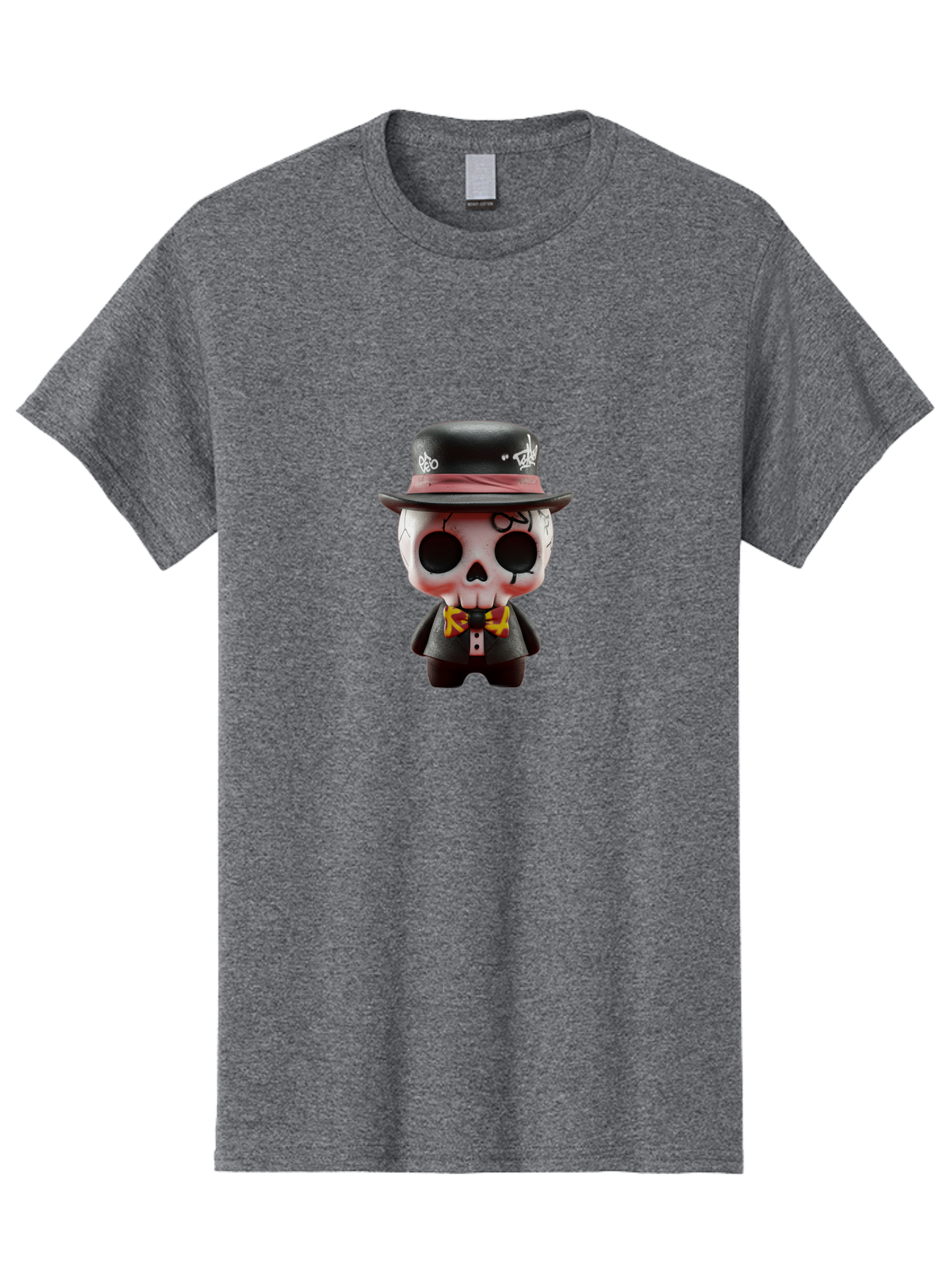 Sugar-Skull-Figurine Men'S Graphic Tee, 100% Cotton, Comfortable Casual Summer Wear, Machine Washable, Skull Figurine, Vintage Hat, Black Suit, Yellow Bow Tie, Red Flames, Day Of The Dead, Gothic Style, Unique Collectible, Creepy Character, Bad783