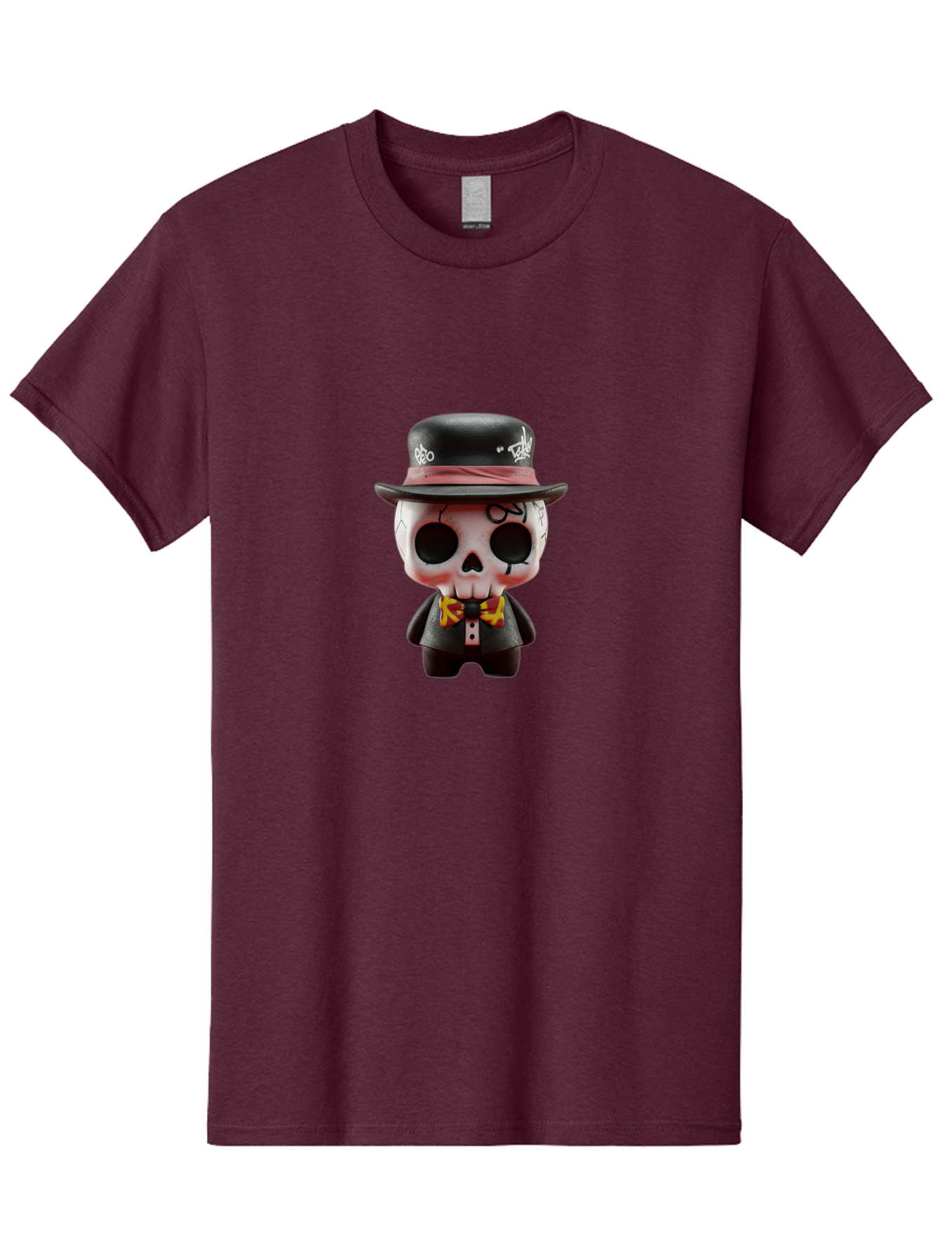 Sugar-Skull-Figurine Men'S Graphic Tee, 100% Cotton, Comfortable Casual Summer Wear, Machine Washable, Skull Figurine, Vintage Hat, Black Suit, Yellow Bow Tie, Red Flames, Day Of The Dead, Gothic Style, Unique Collectible, Creepy Character, Bad783
