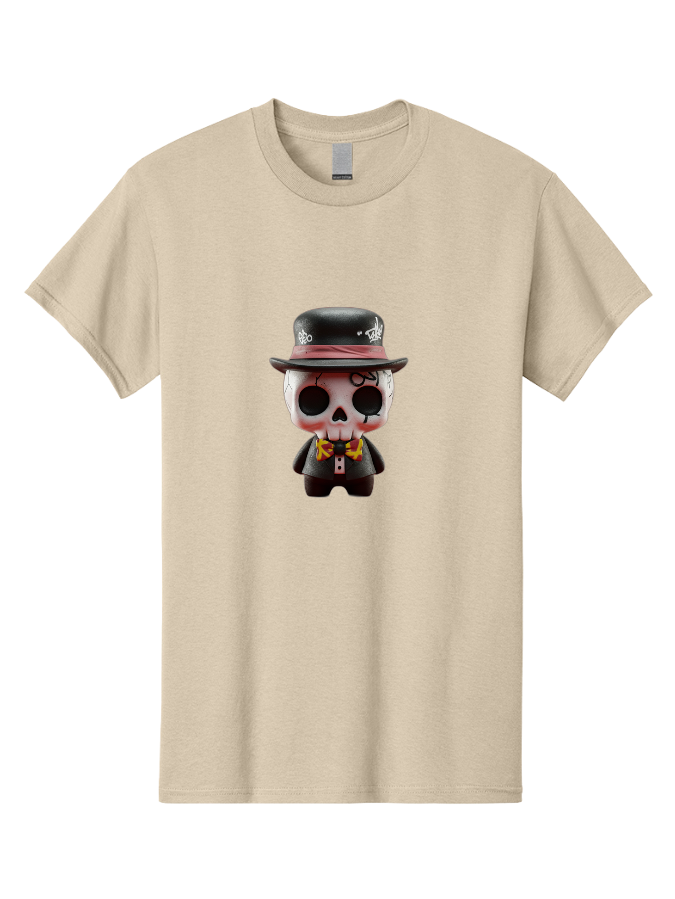 Sugar-Skull-Figurine Men'S Graphic Tee, 100% Cotton, Comfortable Casual Summer Wear, Machine Washable, Skull Figurine, Vintage Hat, Black Suit, Yellow Bow Tie, Red Flames, Day Of The Dead, Gothic Style, Unique Collectible, Creepy Character, Bad783