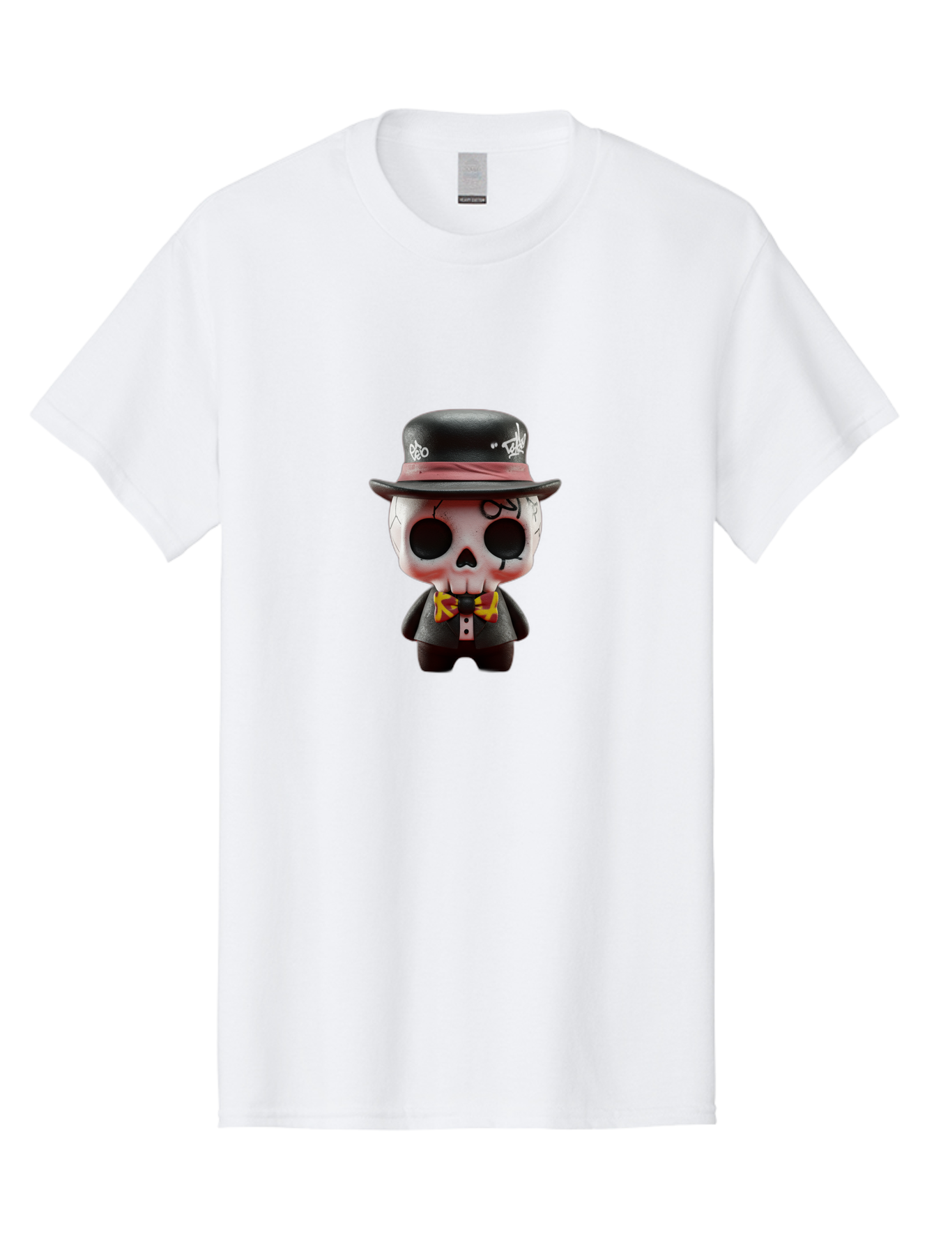 Sugar-Skull-Figurine Men'S Graphic Tee, 100% Cotton, Comfortable Casual Summer Wear, Machine Washable, Skull Figurine, Vintage Hat, Black Suit, Yellow Bow Tie, Red Flames, Day Of The Dead, Gothic Style, Unique Collectible, Creepy Character, Bad783
