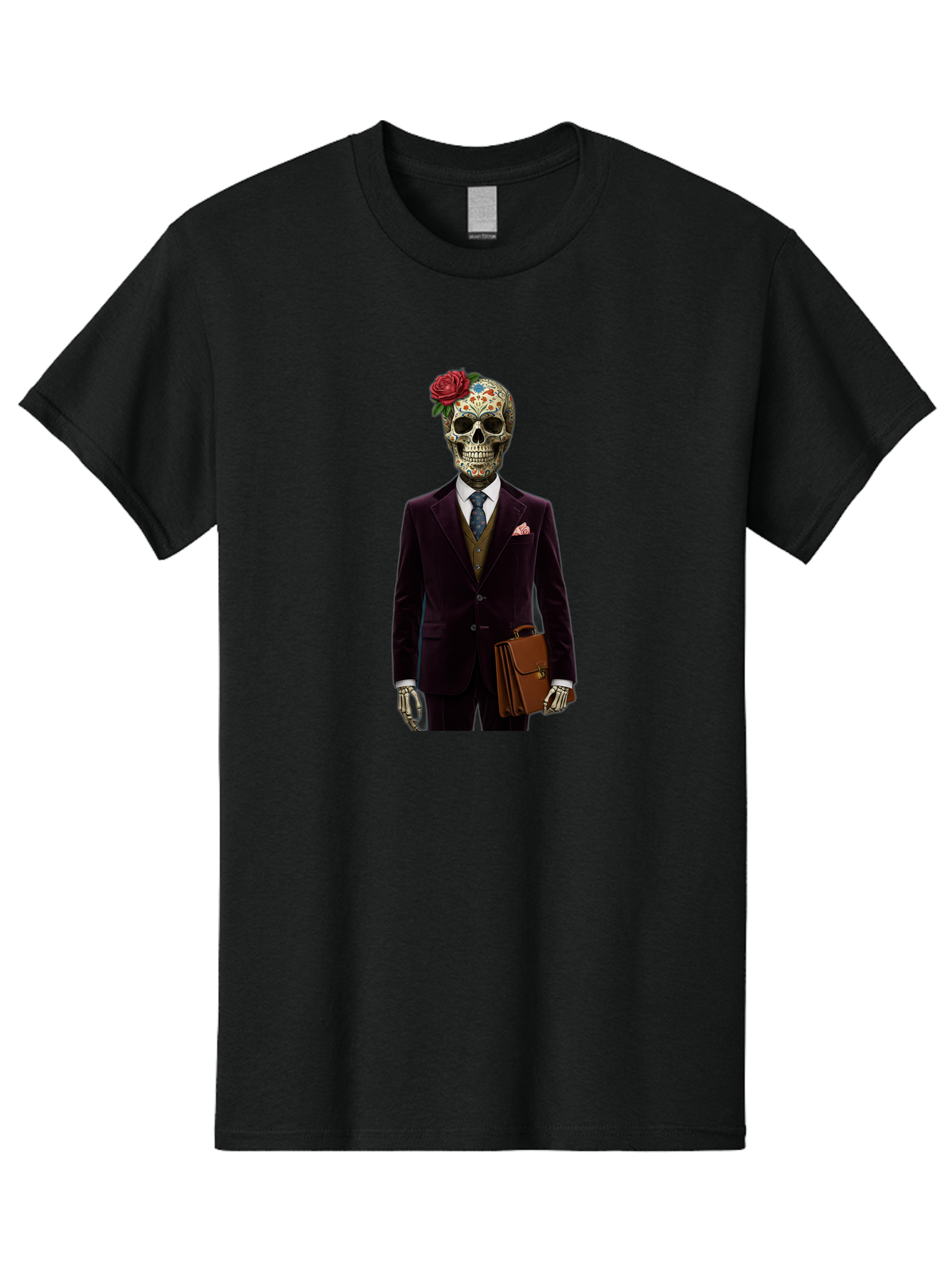 Sugar-Skull-Gentleman Men'S Graphic Tee, 100% Cotton, Comfortable Casual Summer Wear, Machine Washable, Sugar Skull, Businessman Attire, Formal Wear, Briefcase, Day Of The Dead, Colorful Skull, Decorated Skull, Skeleton Hand, Formal Suit, Bad784