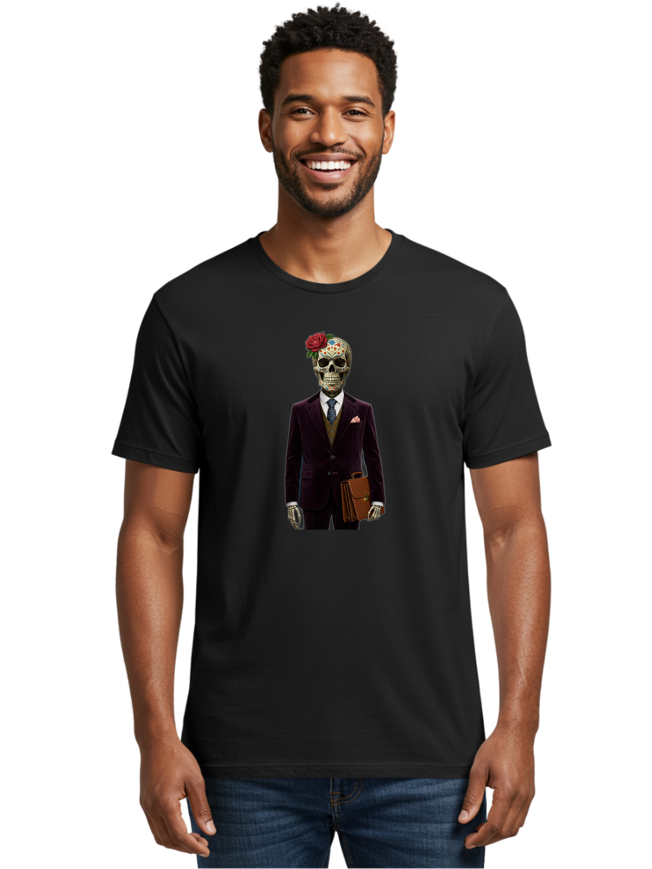 Sugar-Skull-Gentleman Men'S Graphic Tee, 100% Cotton, Comfortable Casual Summer Wear, Machine Washable, Sugar Skull, Businessman Attire, Formal Wear, Briefcase, Day Of The Dead, Colorful Skull, Decorated Skull, Skeleton Hand, Formal Suit, Bad784