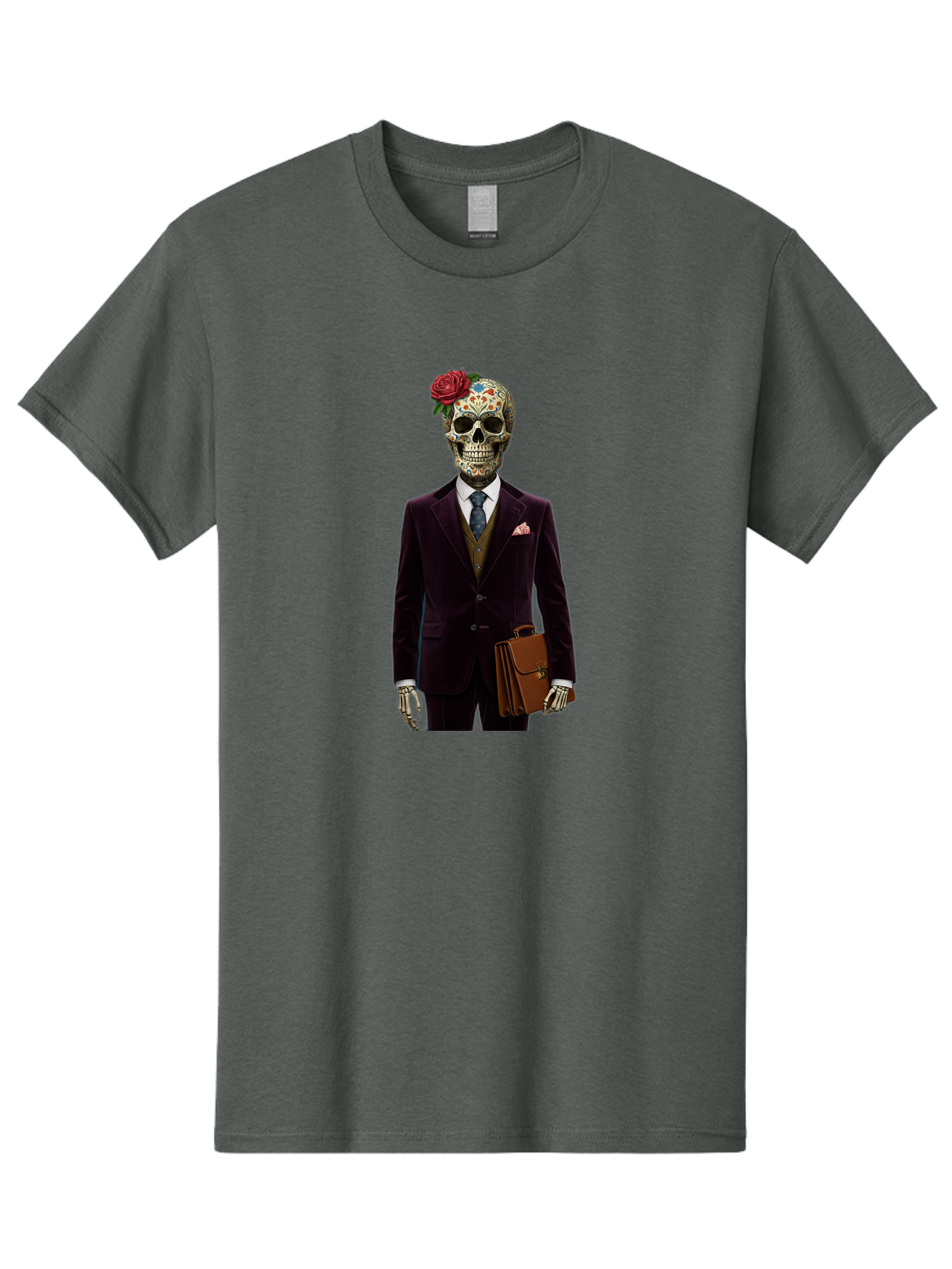 Sugar-Skull-Gentleman Men'S Graphic Tee, 100% Cotton, Comfortable Casual Summer Wear, Machine Washable, Sugar Skull, Businessman Attire, Formal Wear, Briefcase, Day Of The Dead, Colorful Skull, Decorated Skull, Skeleton Hand, Formal Suit, Bad784