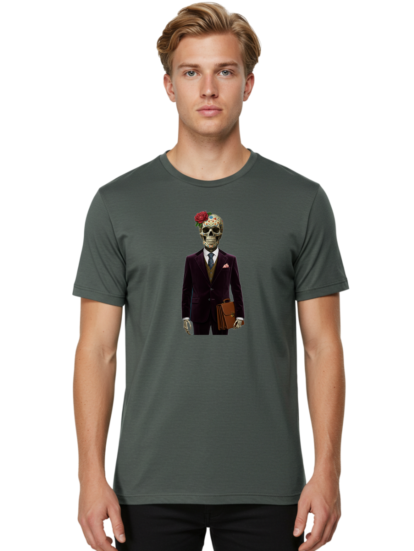 Sugar-Skull-Gentleman Men'S Graphic Tee, 100% Cotton, Comfortable Casual Summer Wear, Machine Washable, Sugar Skull, Businessman Attire, Formal Wear, Briefcase, Day Of The Dead, Colorful Skull, Decorated Skull, Skeleton Hand, Formal Suit, Bad784