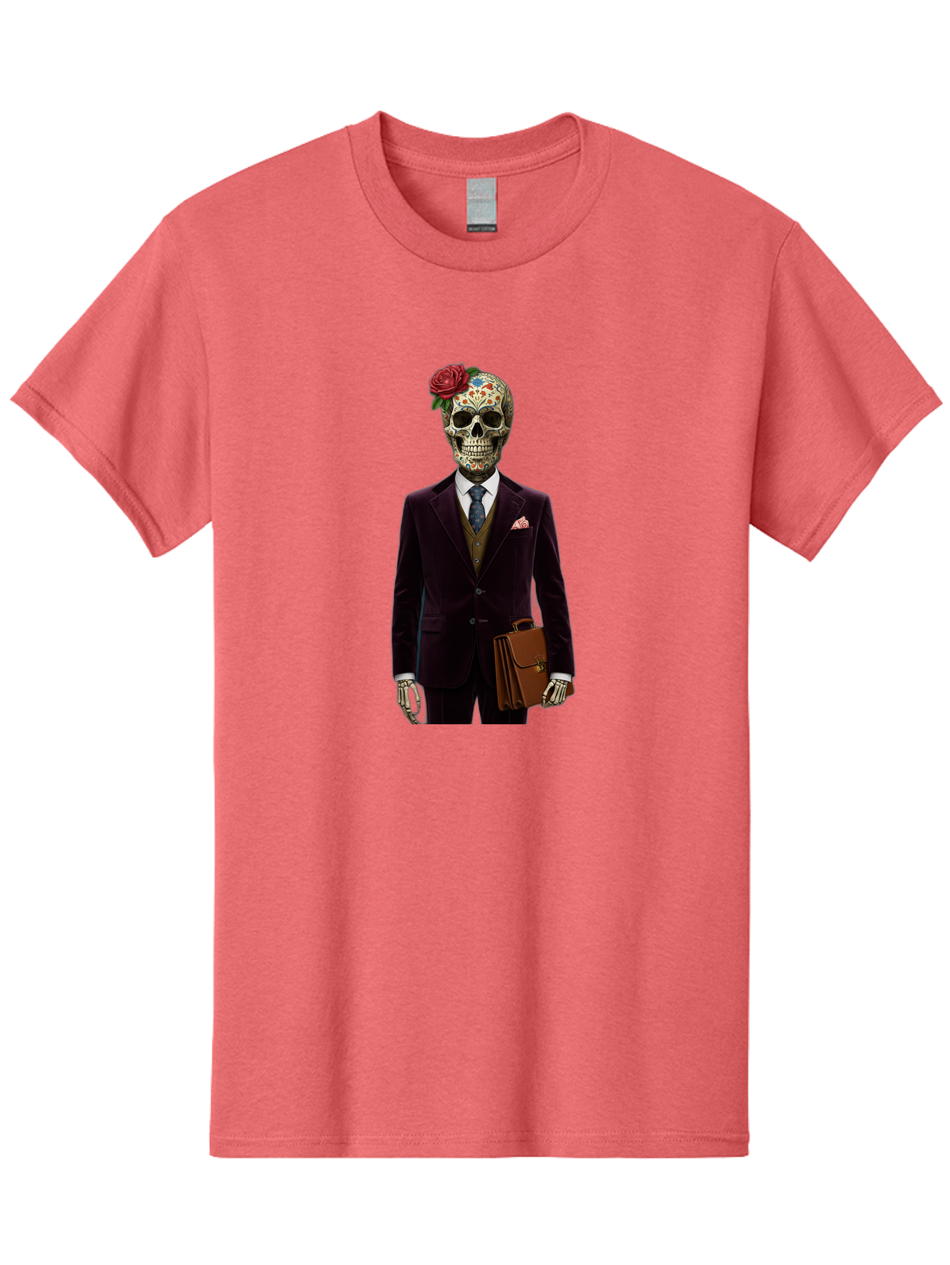 Sugar-Skull-Gentleman Men'S Graphic Tee, 100% Cotton, Comfortable Casual Summer Wear, Machine Washable, Sugar Skull, Businessman Attire, Formal Wear, Briefcase, Day Of The Dead, Colorful Skull, Decorated Skull, Skeleton Hand, Formal Suit, Bad784