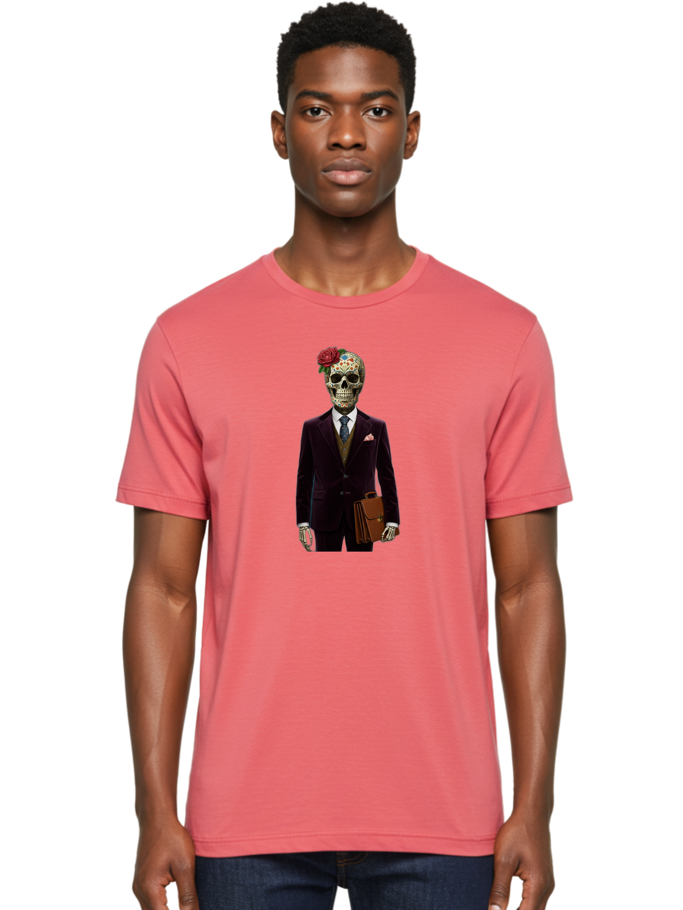 Sugar-Skull-Gentleman Men'S Graphic Tee, 100% Cotton, Comfortable Casual Summer Wear, Machine Washable, Sugar Skull, Businessman Attire, Formal Wear, Briefcase, Day Of The Dead, Colorful Skull, Decorated Skull, Skeleton Hand, Formal Suit, Bad784