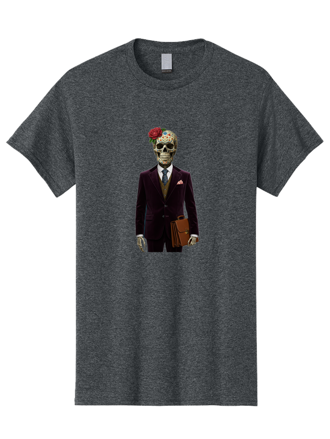 Sugar-Skull-Gentleman Men'S Graphic Tee, 100% Cotton, Comfortable Casual Summer Wear, Machine Washable, Sugar Skull, Businessman Attire, Formal Wear, Briefcase, Day Of The Dead, Colorful Skull, Decorated Skull, Skeleton Hand, Formal Suit, Bad784