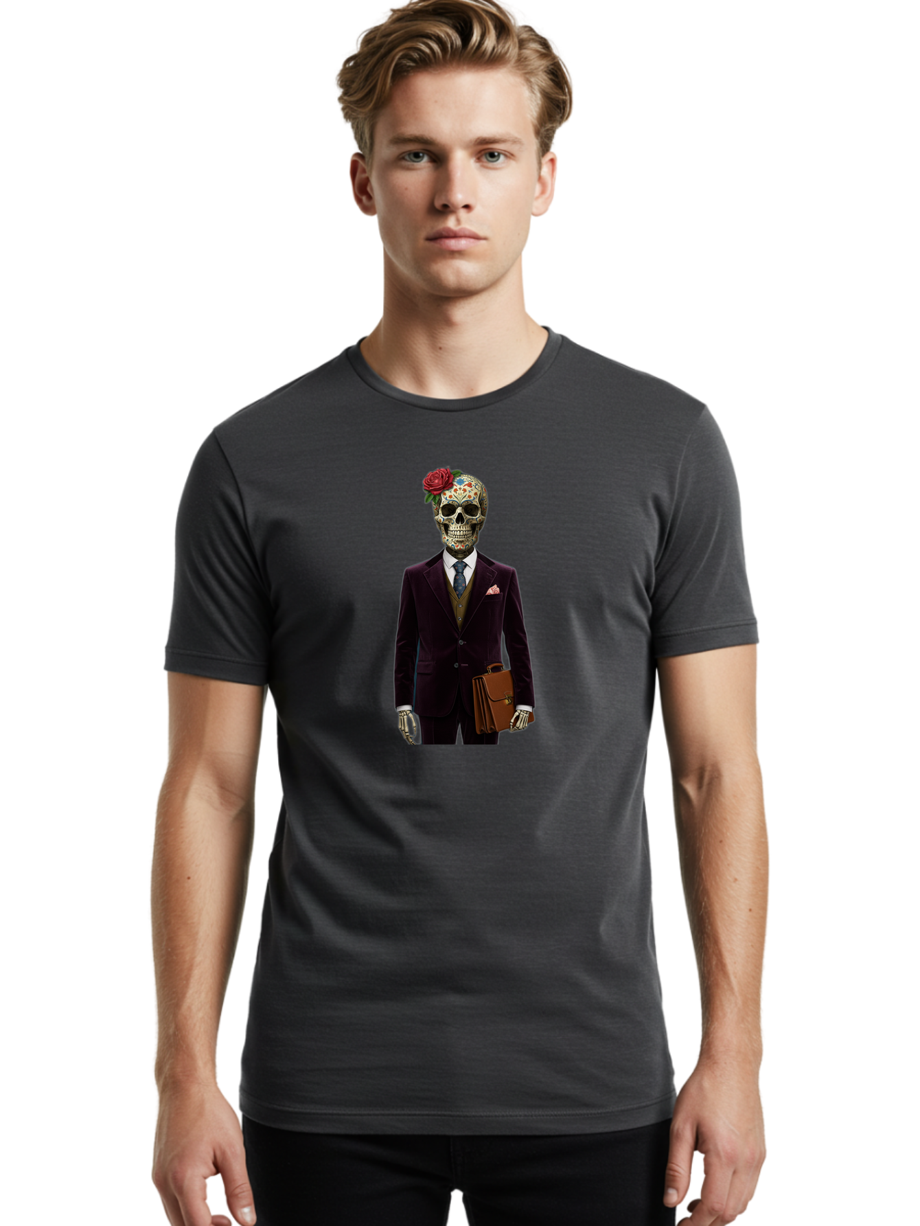 Sugar-Skull-Gentleman Men'S Graphic Tee, 100% Cotton, Comfortable Casual Summer Wear, Machine Washable, Sugar Skull, Businessman Attire, Formal Wear, Briefcase, Day Of The Dead, Colorful Skull, Decorated Skull, Skeleton Hand, Formal Suit, Bad784