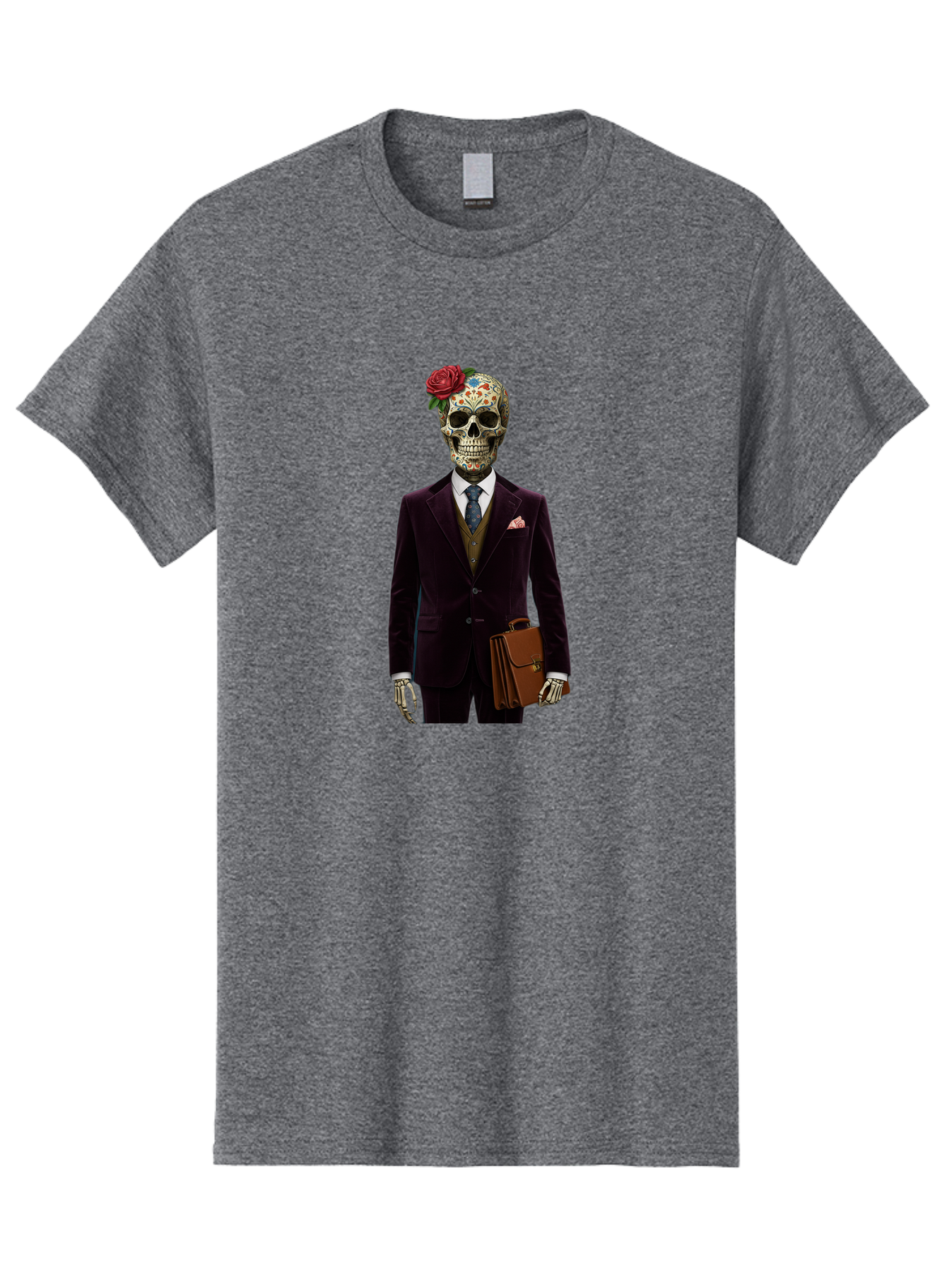 Sugar-Skull-Gentleman Men'S Graphic Tee, 100% Cotton, Comfortable Casual Summer Wear, Machine Washable, Sugar Skull, Businessman Attire, Formal Wear, Briefcase, Day Of The Dead, Colorful Skull, Decorated Skull, Skeleton Hand, Formal Suit, Bad784