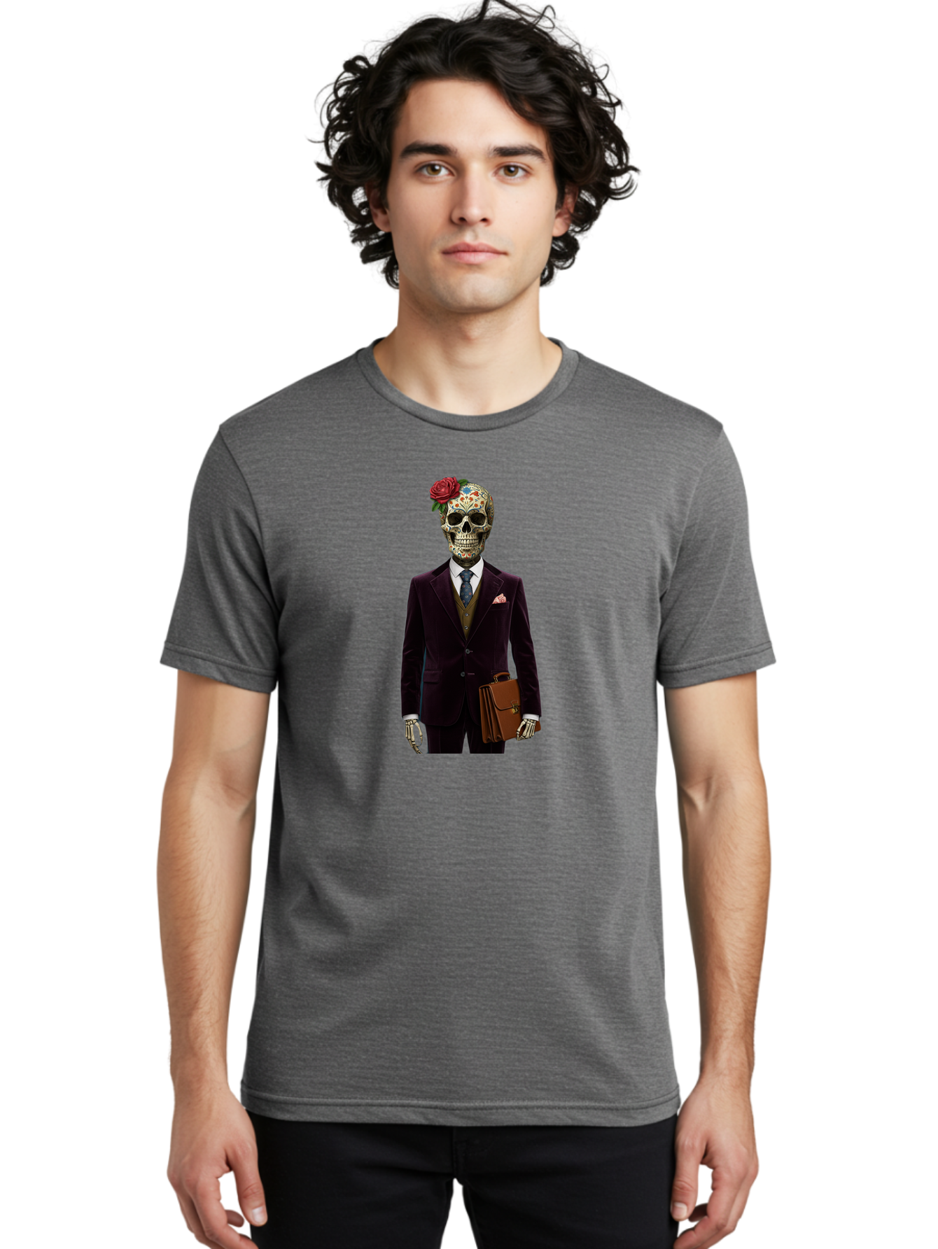 Sugar-Skull-Gentleman Men'S Graphic Tee, 100% Cotton, Comfortable Casual Summer Wear, Machine Washable, Sugar Skull, Businessman Attire, Formal Wear, Briefcase, Day Of The Dead, Colorful Skull, Decorated Skull, Skeleton Hand, Formal Suit, Bad784