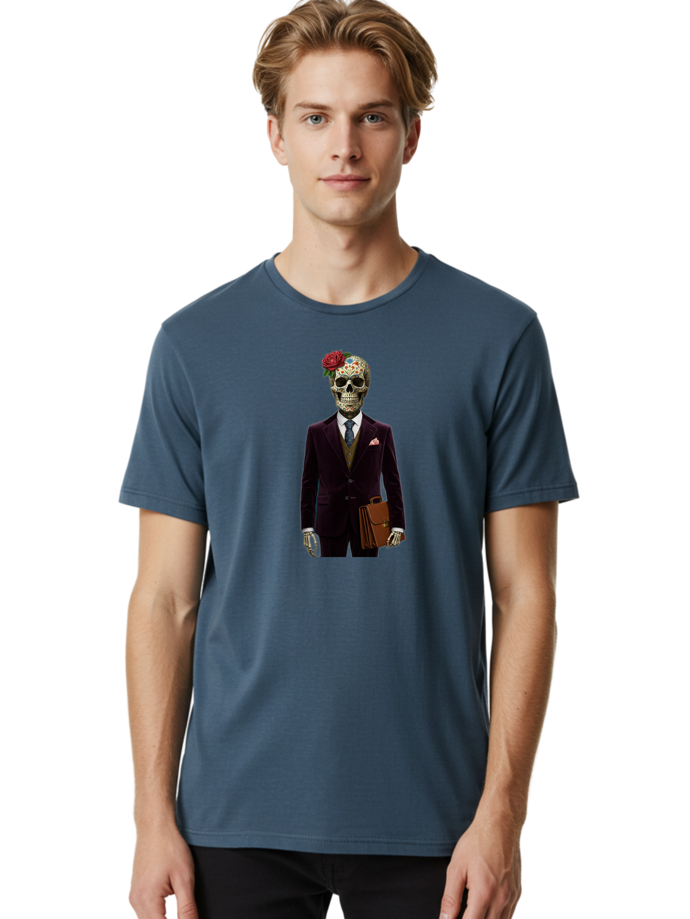 Sugar-Skull-Gentleman Men'S Graphic Tee, 100% Cotton, Comfortable Casual Summer Wear, Machine Washable, Sugar Skull, Businessman Attire, Formal Wear, Briefcase, Day Of The Dead, Colorful Skull, Decorated Skull, Skeleton Hand, Formal Suit, Bad784