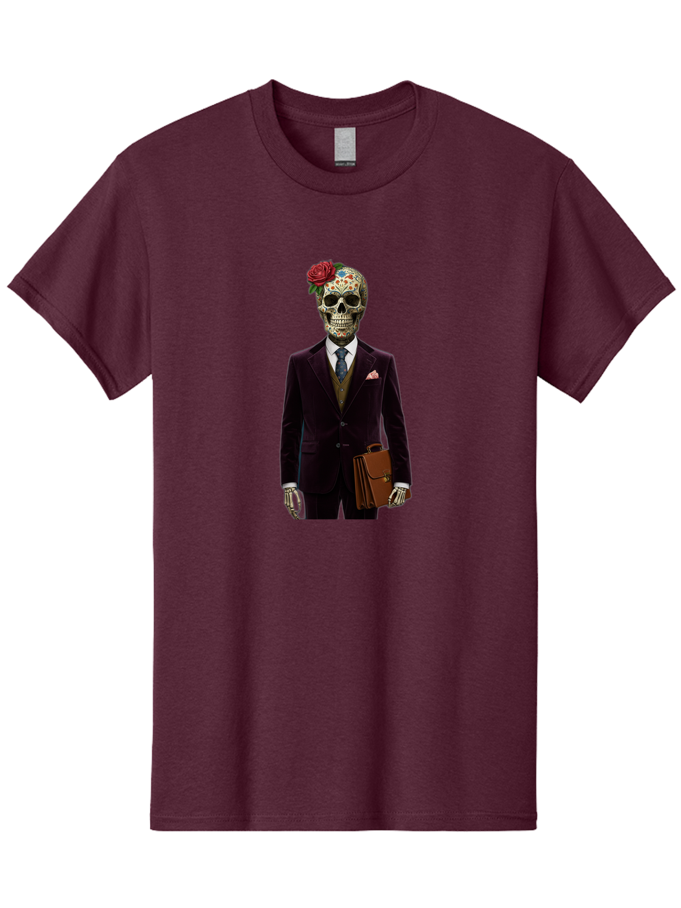 Sugar-Skull-Gentleman Men'S Graphic Tee, 100% Cotton, Comfortable Casual Summer Wear, Machine Washable, Sugar Skull, Businessman Attire, Formal Wear, Briefcase, Day Of The Dead, Colorful Skull, Decorated Skull, Skeleton Hand, Formal Suit, Bad784