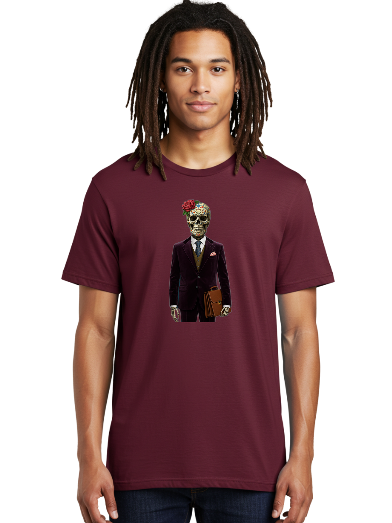Sugar-Skull-Gentleman Men'S Graphic Tee, 100% Cotton, Comfortable Casual Summer Wear, Machine Washable, Sugar Skull, Businessman Attire, Formal Wear, Briefcase, Day Of The Dead, Colorful Skull, Decorated Skull, Skeleton Hand, Formal Suit, Bad784