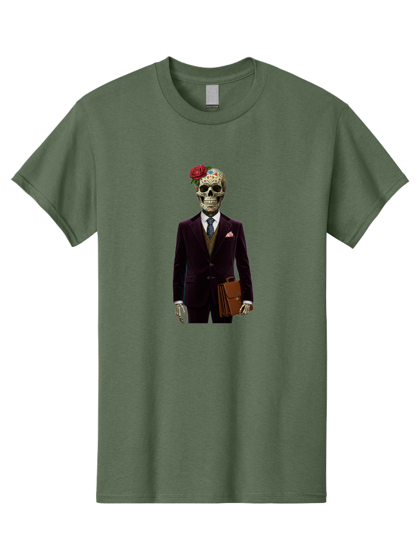 Sugar-Skull-Gentleman Men'S Graphic Tee, 100% Cotton, Comfortable Casual Summer Wear, Machine Washable, Sugar Skull, Businessman Attire, Formal Wear, Briefcase, Day Of The Dead, Colorful Skull, Decorated Skull, Skeleton Hand, Formal Suit, Bad784