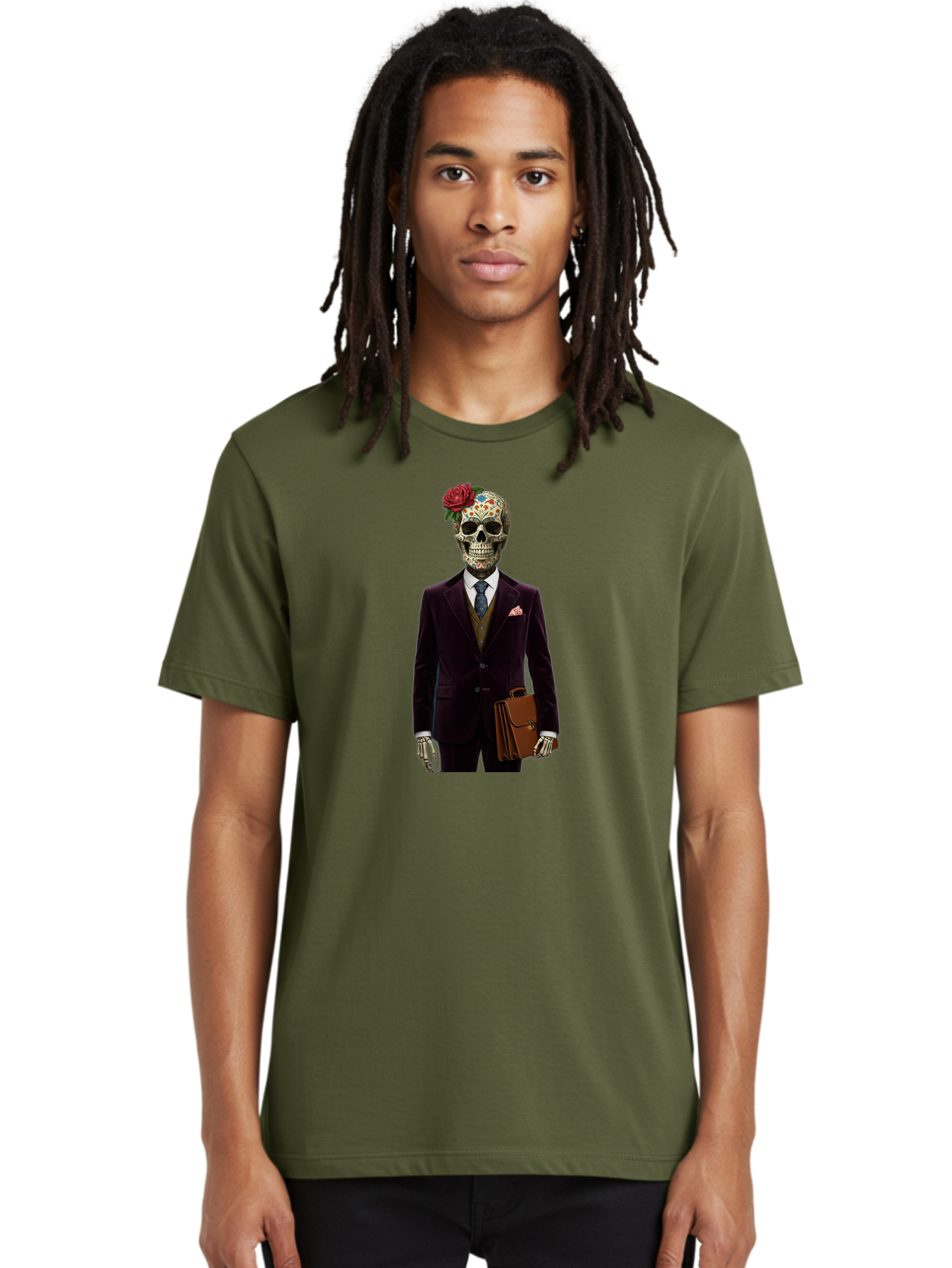 Sugar-Skull-Gentleman Men'S Graphic Tee, 100% Cotton, Comfortable Casual Summer Wear, Machine Washable, Sugar Skull, Businessman Attire, Formal Wear, Briefcase, Day Of The Dead, Colorful Skull, Decorated Skull, Skeleton Hand, Formal Suit, Bad784