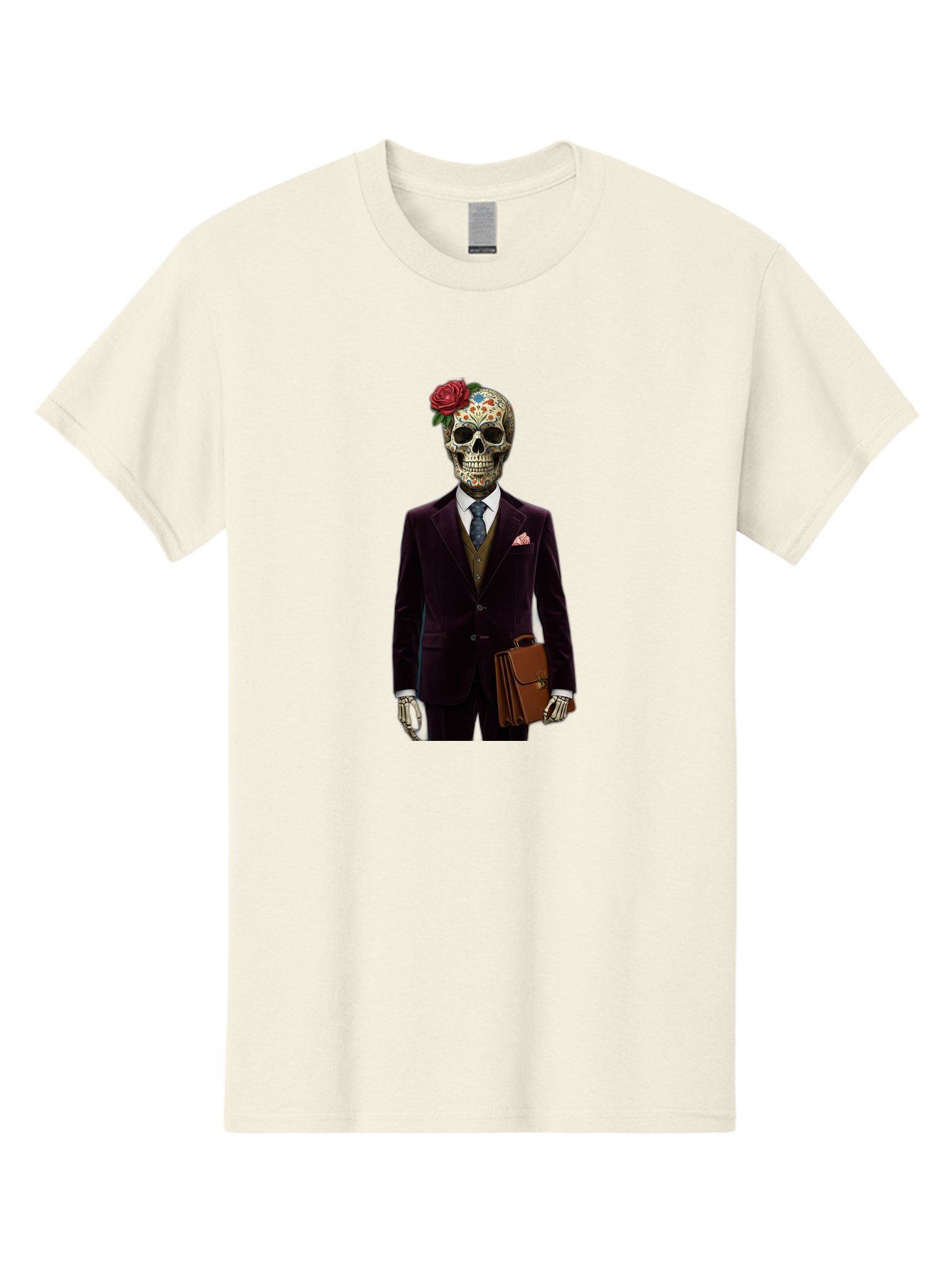 Sugar-Skull-Gentleman Men'S Graphic Tee, 100% Cotton, Comfortable Casual Summer Wear, Machine Washable, Sugar Skull, Businessman Attire, Formal Wear, Briefcase, Day Of The Dead, Colorful Skull, Decorated Skull, Skeleton Hand, Formal Suit, Bad784