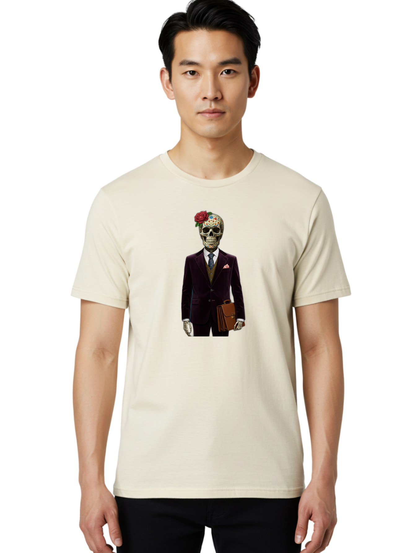 Sugar-Skull-Gentleman Men'S Graphic Tee, 100% Cotton, Comfortable Casual Summer Wear, Machine Washable, Sugar Skull, Businessman Attire, Formal Wear, Briefcase, Day Of The Dead, Colorful Skull, Decorated Skull, Skeleton Hand, Formal Suit, Bad784