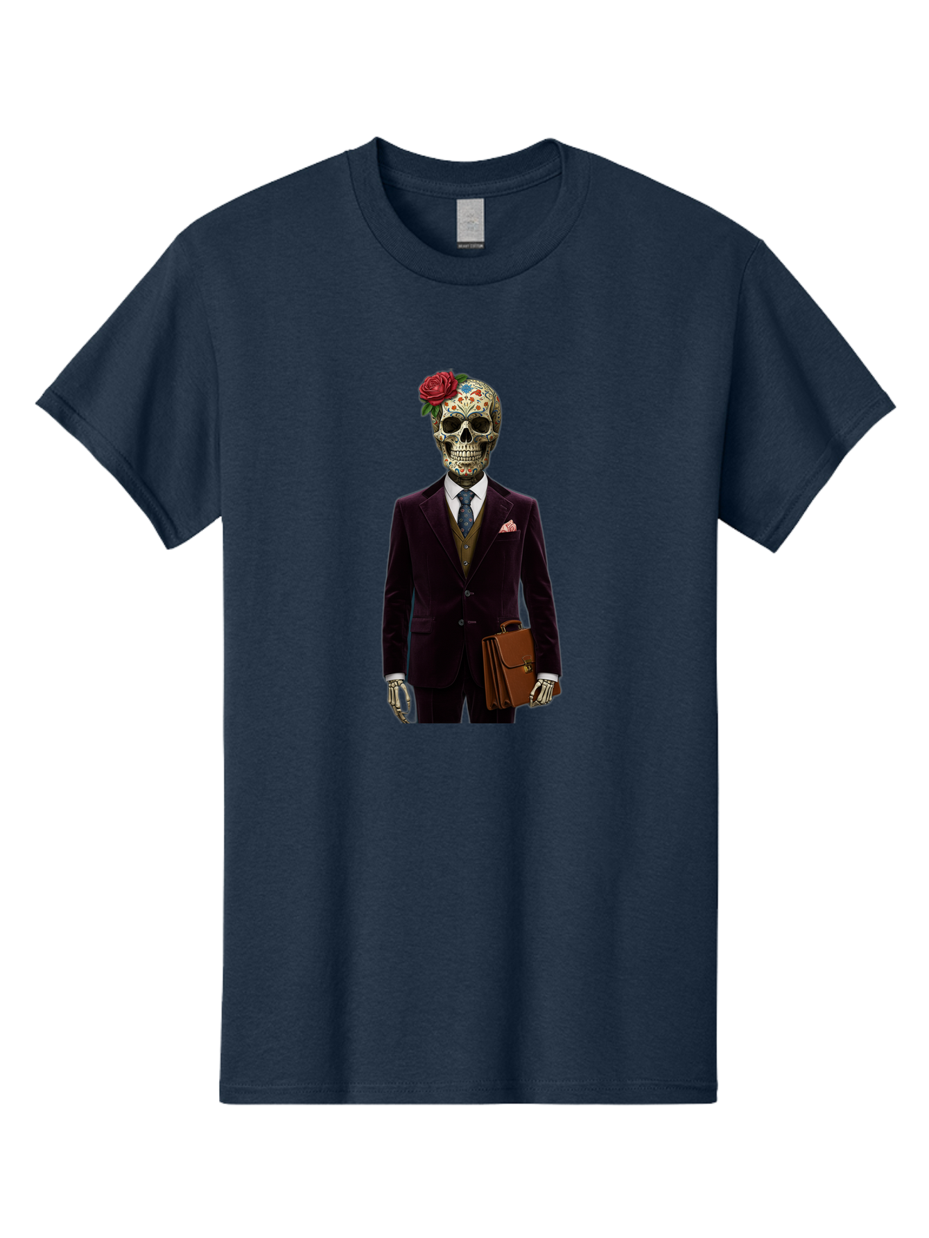 Sugar-Skull-Gentleman Men'S Graphic Tee, 100% Cotton, Comfortable Casual Summer Wear, Machine Washable, Sugar Skull, Businessman Attire, Formal Wear, Briefcase, Day Of The Dead, Colorful Skull, Decorated Skull, Skeleton Hand, Formal Suit, Bad784