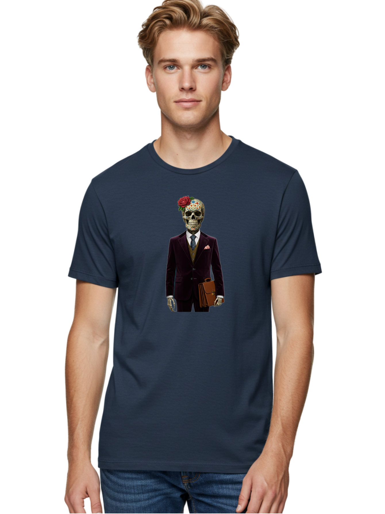 Sugar-Skull-Gentleman Men'S Graphic Tee, 100% Cotton, Comfortable Casual Summer Wear, Machine Washable, Sugar Skull, Businessman Attire, Formal Wear, Briefcase, Day Of The Dead, Colorful Skull, Decorated Skull, Skeleton Hand, Formal Suit, Bad784