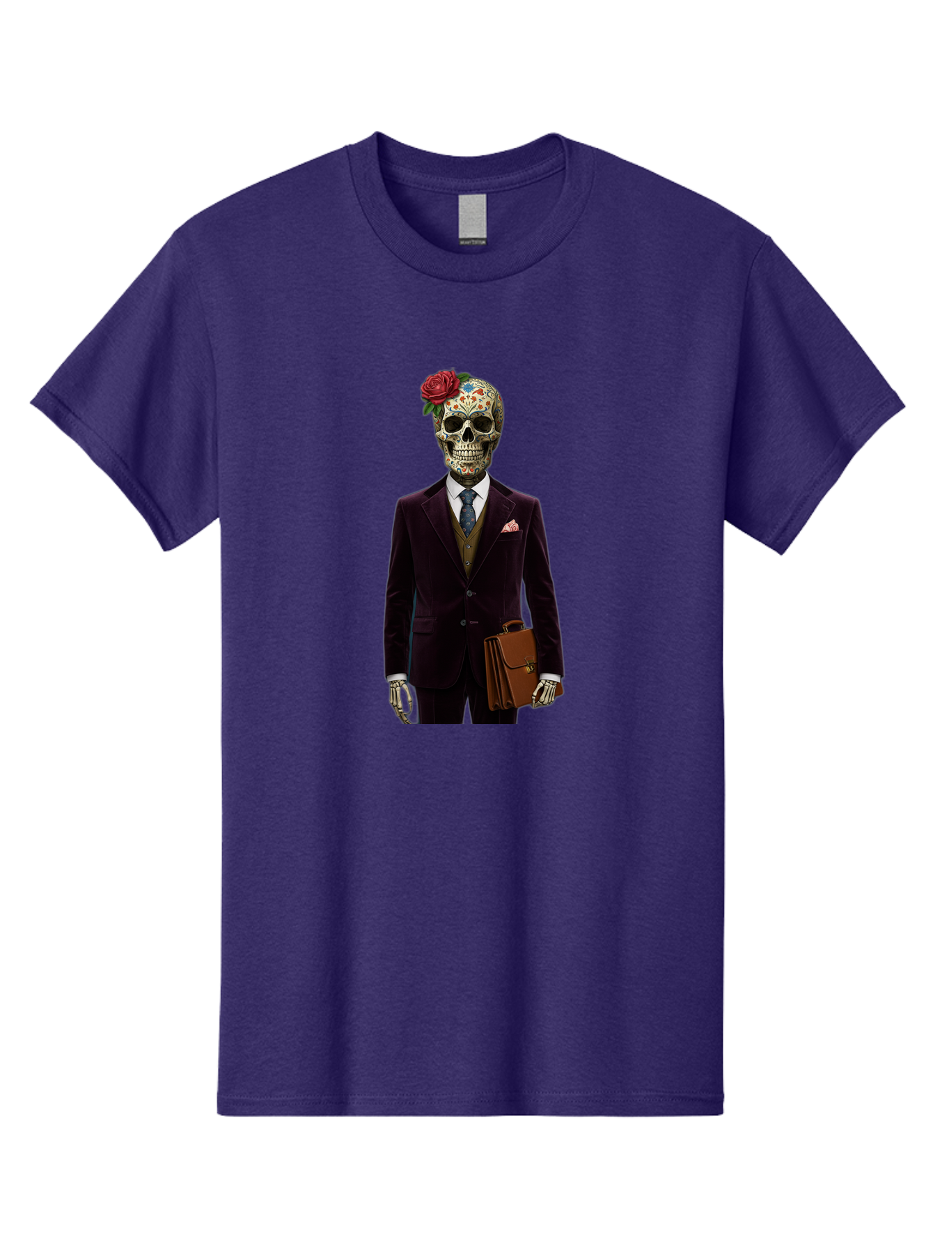 Sugar-Skull-Gentleman Men'S Graphic Tee, 100% Cotton, Comfortable Casual Summer Wear, Machine Washable, Sugar Skull, Businessman Attire, Formal Wear, Briefcase, Day Of The Dead, Colorful Skull, Decorated Skull, Skeleton Hand, Formal Suit, Bad784