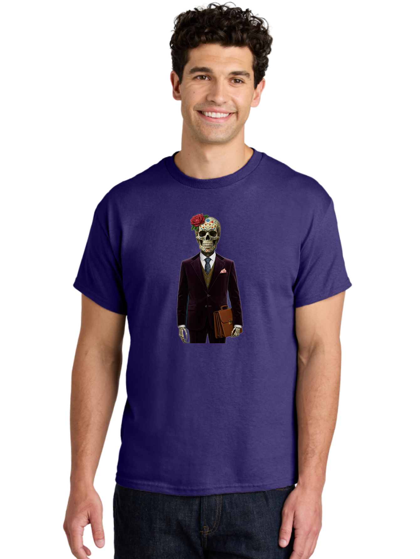 Sugar-Skull-Gentleman Men'S Graphic Tee, 100% Cotton, Comfortable Casual Summer Wear, Machine Washable, Sugar Skull, Businessman Attire, Formal Wear, Briefcase, Day Of The Dead, Colorful Skull, Decorated Skull, Skeleton Hand, Formal Suit, Bad784
