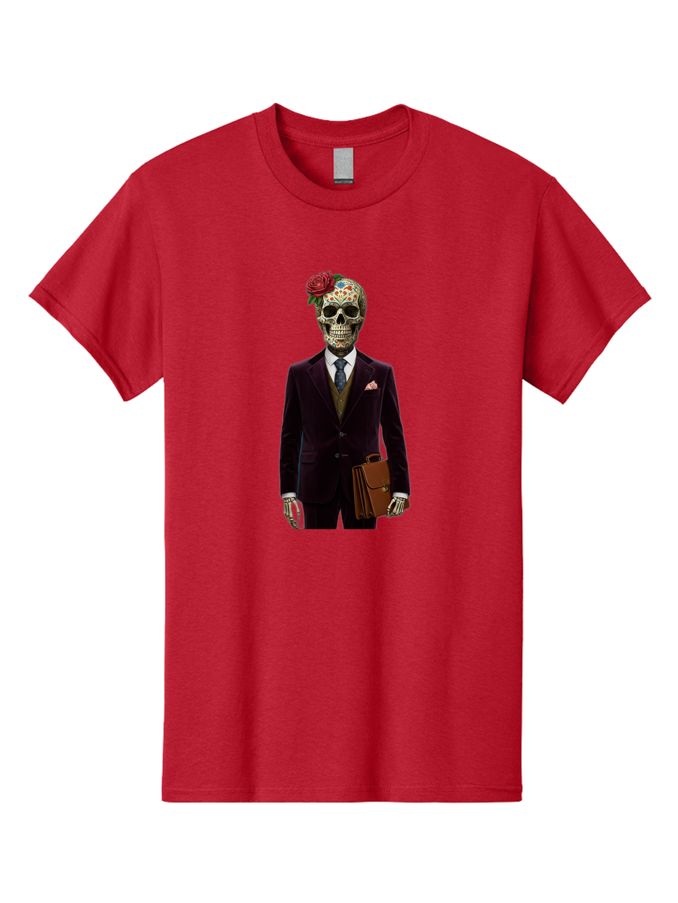 Sugar-Skull-Gentleman Men'S Graphic Tee, 100% Cotton, Comfortable Casual Summer Wear, Machine Washable, Sugar Skull, Businessman Attire, Formal Wear, Briefcase, Day Of The Dead, Colorful Skull, Decorated Skull, Skeleton Hand, Formal Suit, Bad784