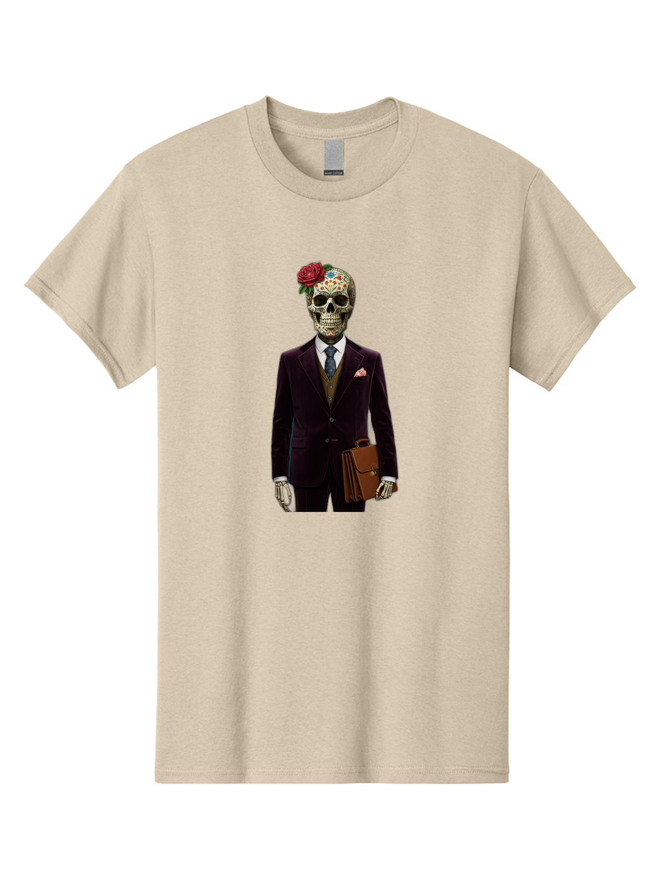 Sugar-Skull-Gentleman Men'S Graphic Tee, 100% Cotton, Comfortable Casual Summer Wear, Machine Washable, Sugar Skull, Businessman Attire, Formal Wear, Briefcase, Day Of The Dead, Colorful Skull, Decorated Skull, Skeleton Hand, Formal Suit, Bad784