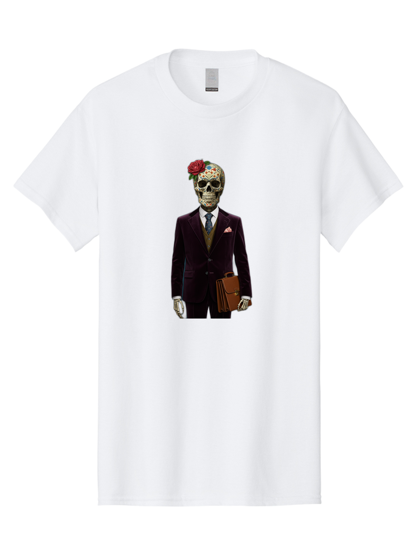 Sugar-Skull-Gentleman Men'S Graphic Tee, 100% Cotton, Comfortable Casual Summer Wear, Machine Washable, Sugar Skull, Businessman Attire, Formal Wear, Briefcase, Day Of The Dead, Colorful Skull, Decorated Skull, Skeleton Hand, Formal Suit, Bad784