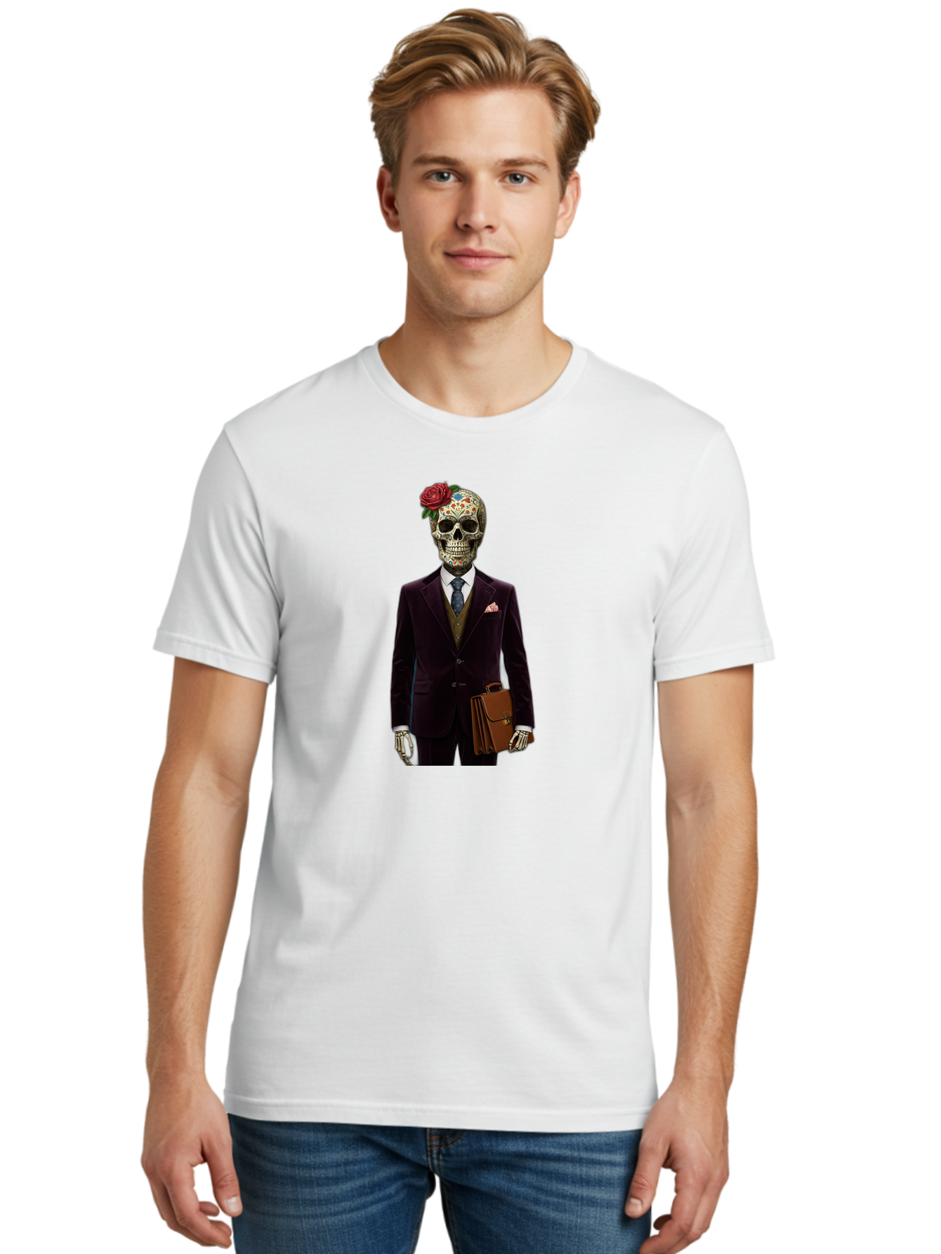 Sugar-Skull-Gentleman Men'S Graphic Tee, 100% Cotton, Comfortable Casual Summer Wear, Machine Washable, Sugar Skull, Businessman Attire, Formal Wear, Briefcase, Day Of The Dead, Colorful Skull, Decorated Skull, Skeleton Hand, Formal Suit, Bad784