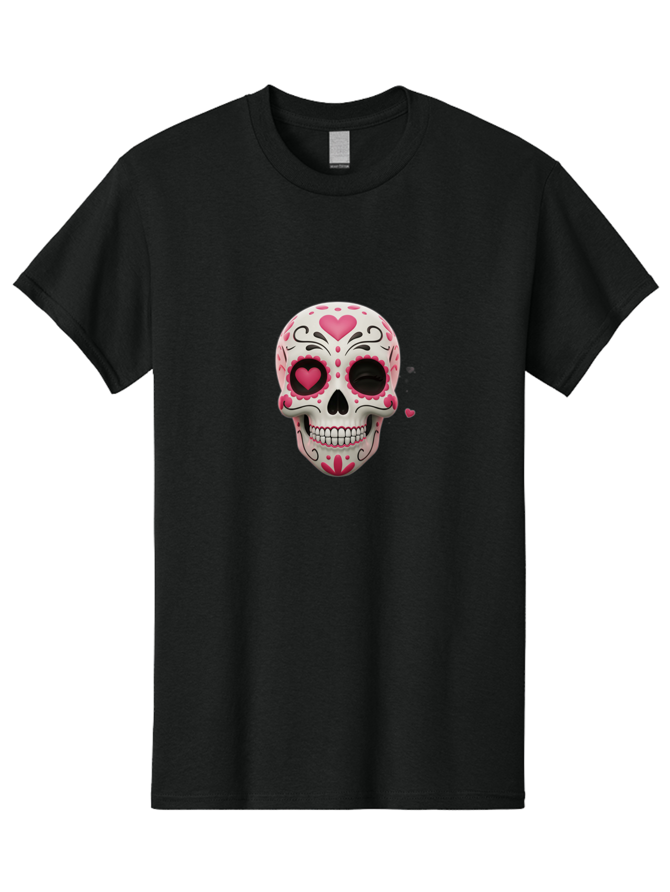 Sugar-Skull-Heart-Eyes Men'S Graphic Tee, 100% Cotton, Comfortable Casual Summer Wear, Machine Washable, Sugar Skull, Day Of The Dead, Pink Hearts, Floral Patterns, Black Swirls, Vibrant Colors, Festive Design, Intricate Details, Bad785