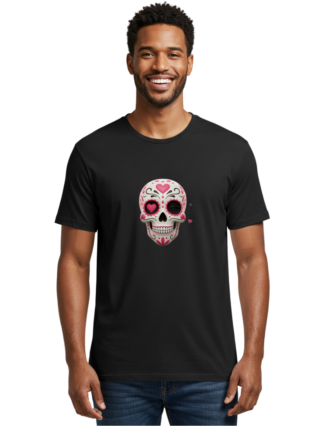 Sugar-Skull-Heart-Eyes Men'S Graphic Tee, 100% Cotton, Comfortable Casual Summer Wear, Machine Washable, Sugar Skull, Day Of The Dead, Pink Hearts, Floral Patterns, Black Swirls, Vibrant Colors, Festive Design, Intricate Details, Bad785
