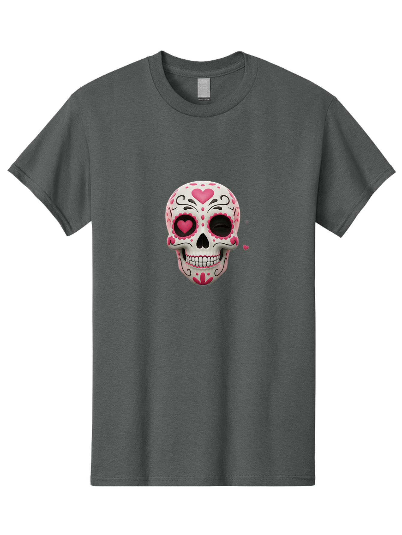 Sugar-Skull-Heart-Eyes Men'S Graphic Tee, 100% Cotton, Comfortable Casual Summer Wear, Machine Washable, Sugar Skull, Day Of The Dead, Pink Hearts, Floral Patterns, Black Swirls, Vibrant Colors, Festive Design, Intricate Details, Bad785