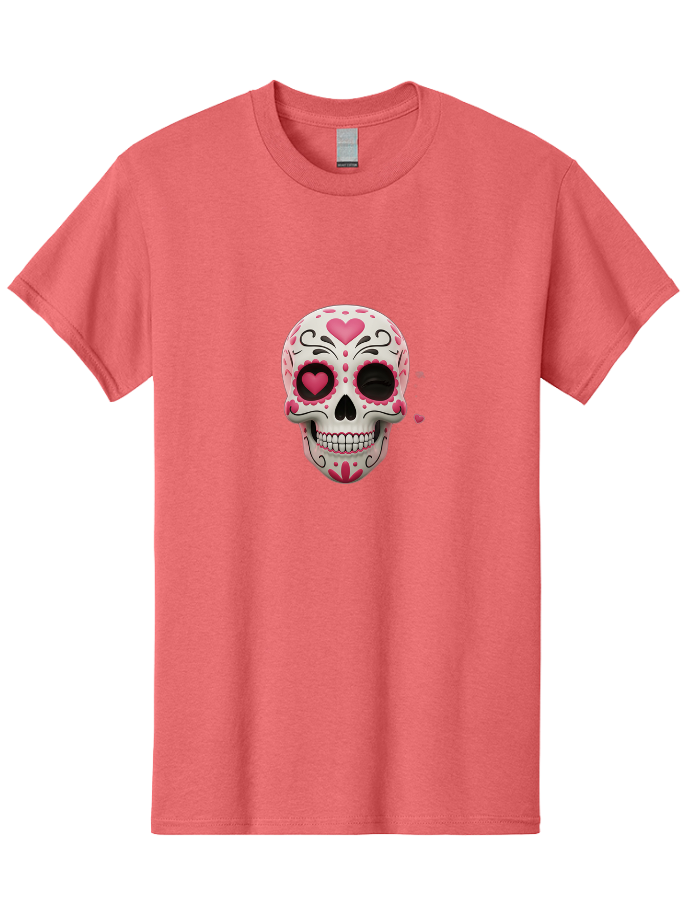 Sugar-Skull-Heart-Eyes Men'S Graphic Tee, 100% Cotton, Comfortable Casual Summer Wear, Machine Washable, Sugar Skull, Day Of The Dead, Pink Hearts, Floral Patterns, Black Swirls, Vibrant Colors, Festive Design, Intricate Details, Bad785
