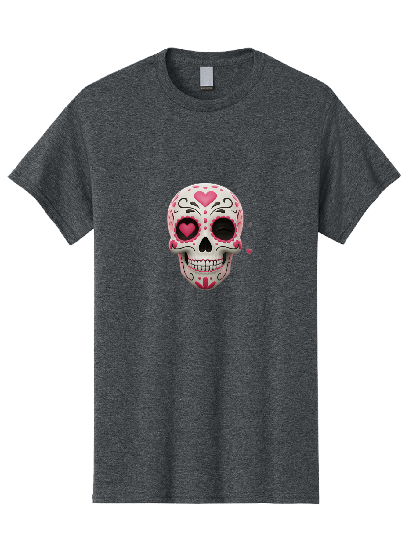 Sugar-Skull-Heart-Eyes Men'S Graphic Tee, 100% Cotton, Comfortable Casual Summer Wear, Machine Washable, Sugar Skull, Day Of The Dead, Pink Hearts, Floral Patterns, Black Swirls, Vibrant Colors, Festive Design, Intricate Details, Bad785