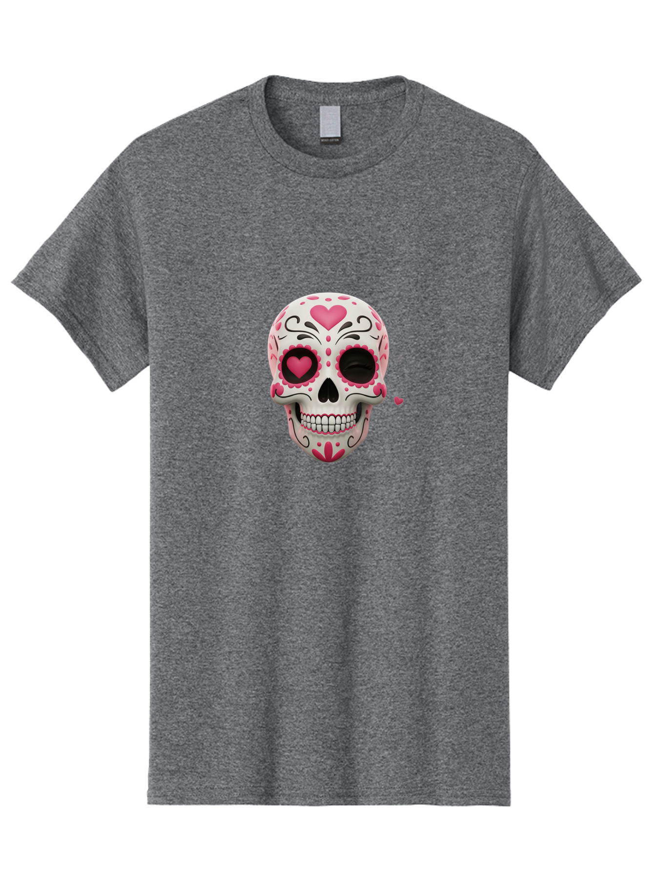 Sugar-Skull-Heart-Eyes Men'S Graphic Tee, 100% Cotton, Comfortable Casual Summer Wear, Machine Washable, Sugar Skull, Day Of The Dead, Pink Hearts, Floral Patterns, Black Swirls, Vibrant Colors, Festive Design, Intricate Details, Bad785