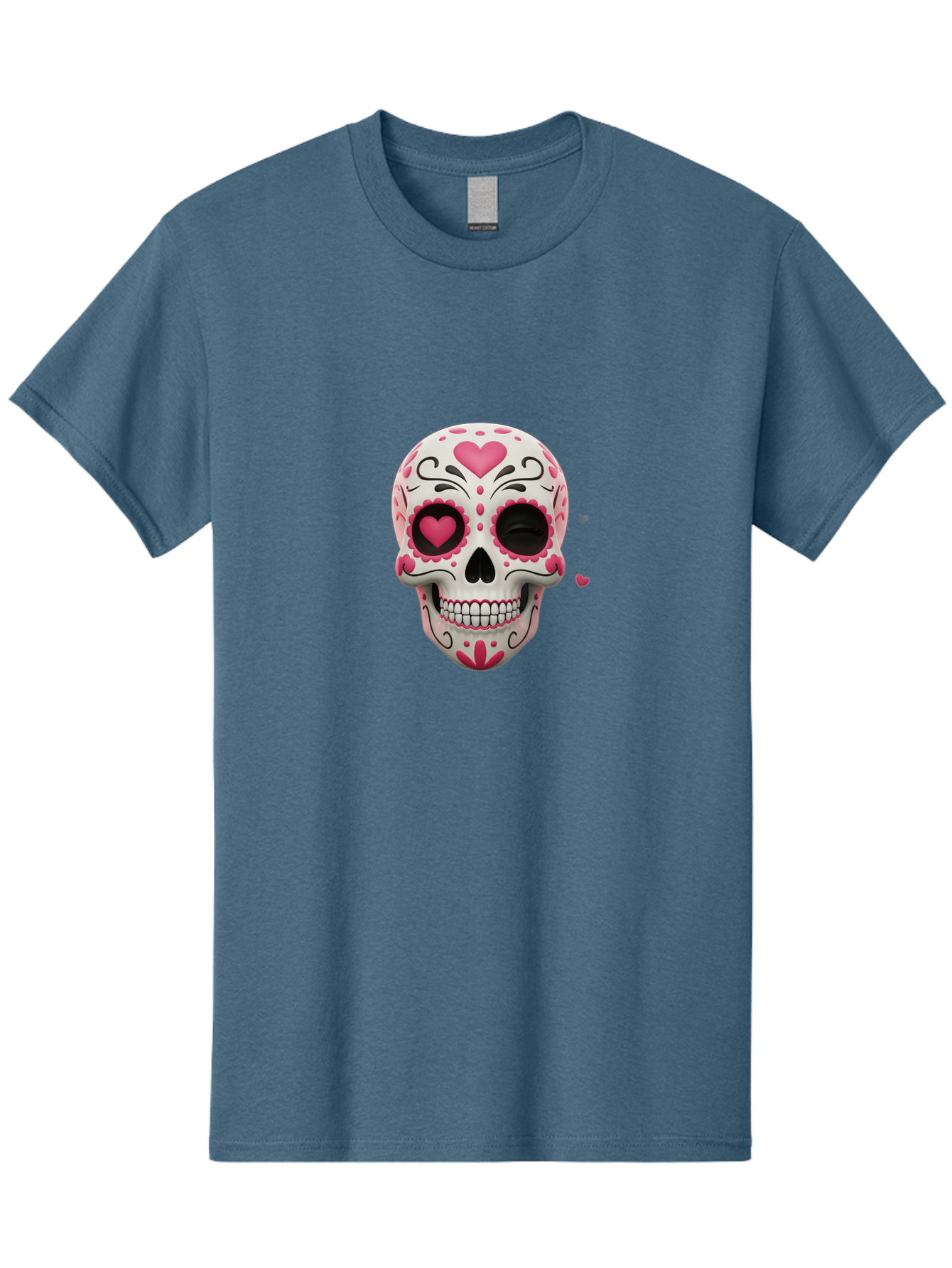 Sugar-Skull-Heart-Eyes Men'S Graphic Tee, 100% Cotton, Comfortable Casual Summer Wear, Machine Washable, Sugar Skull, Day Of The Dead, Pink Hearts, Floral Patterns, Black Swirls, Vibrant Colors, Festive Design, Intricate Details, Bad785
